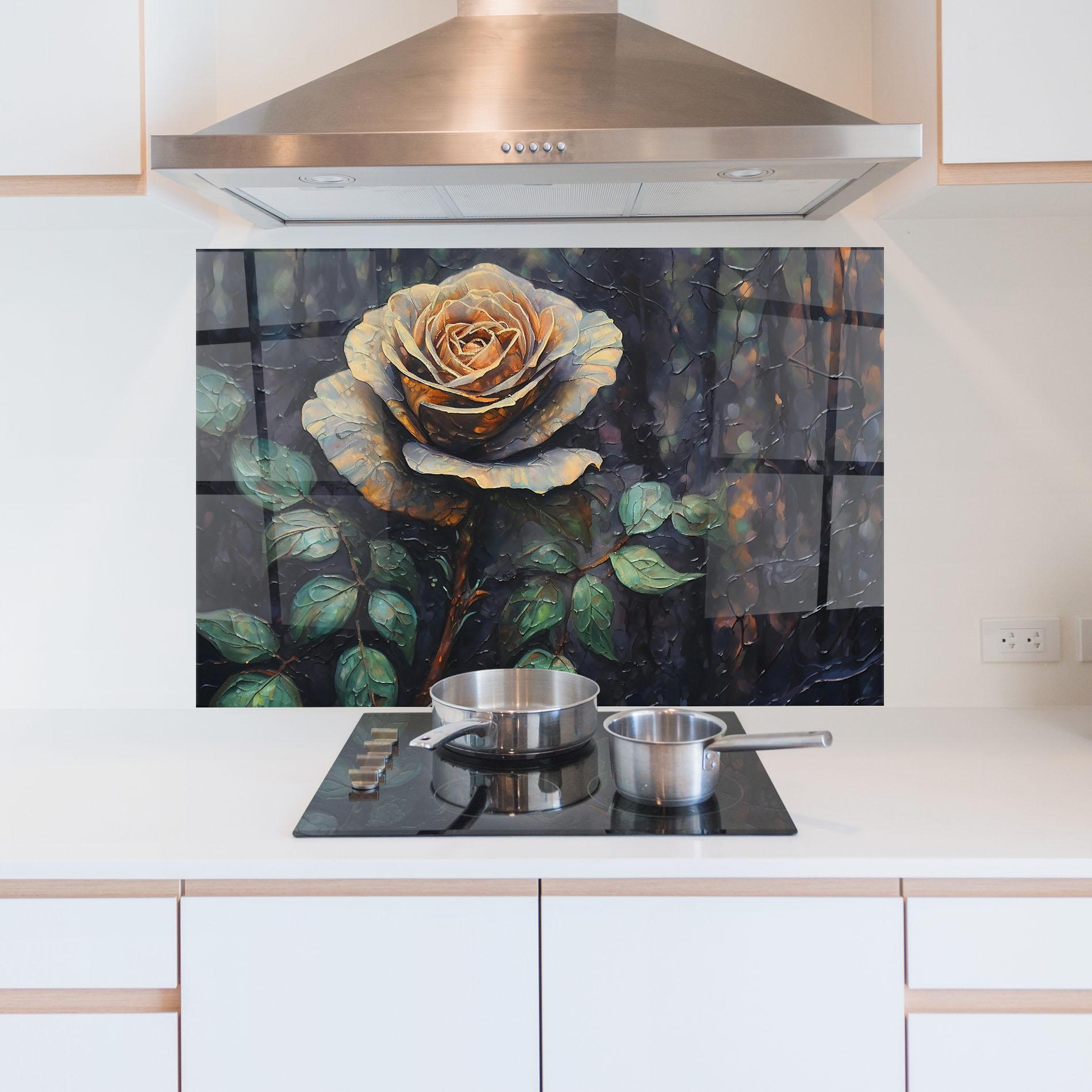 Küchenrückwand Glas Blue Yellow Rose Art mockup 5