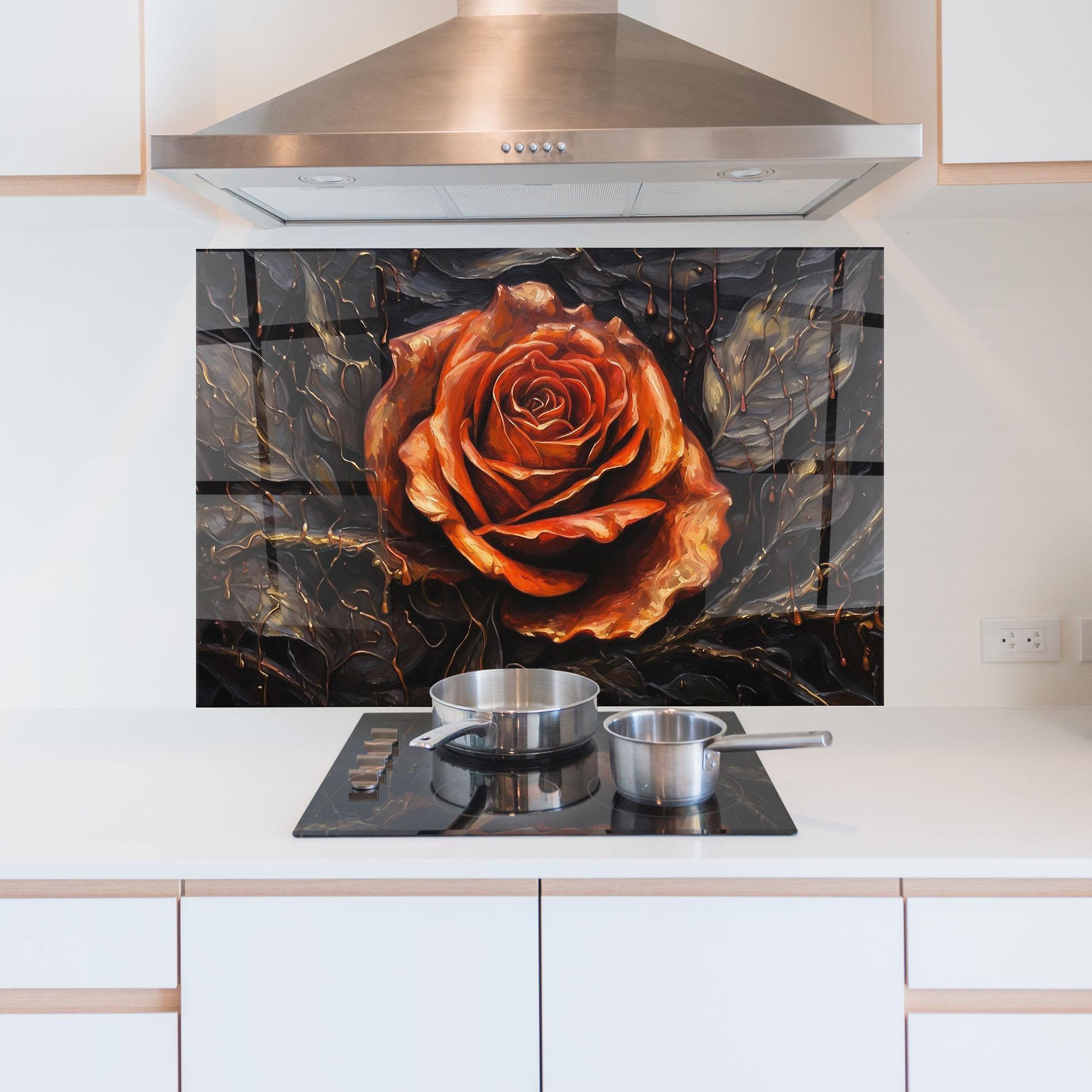 Küchenrückwand Glas Dark Orange Rose Art mockup 5