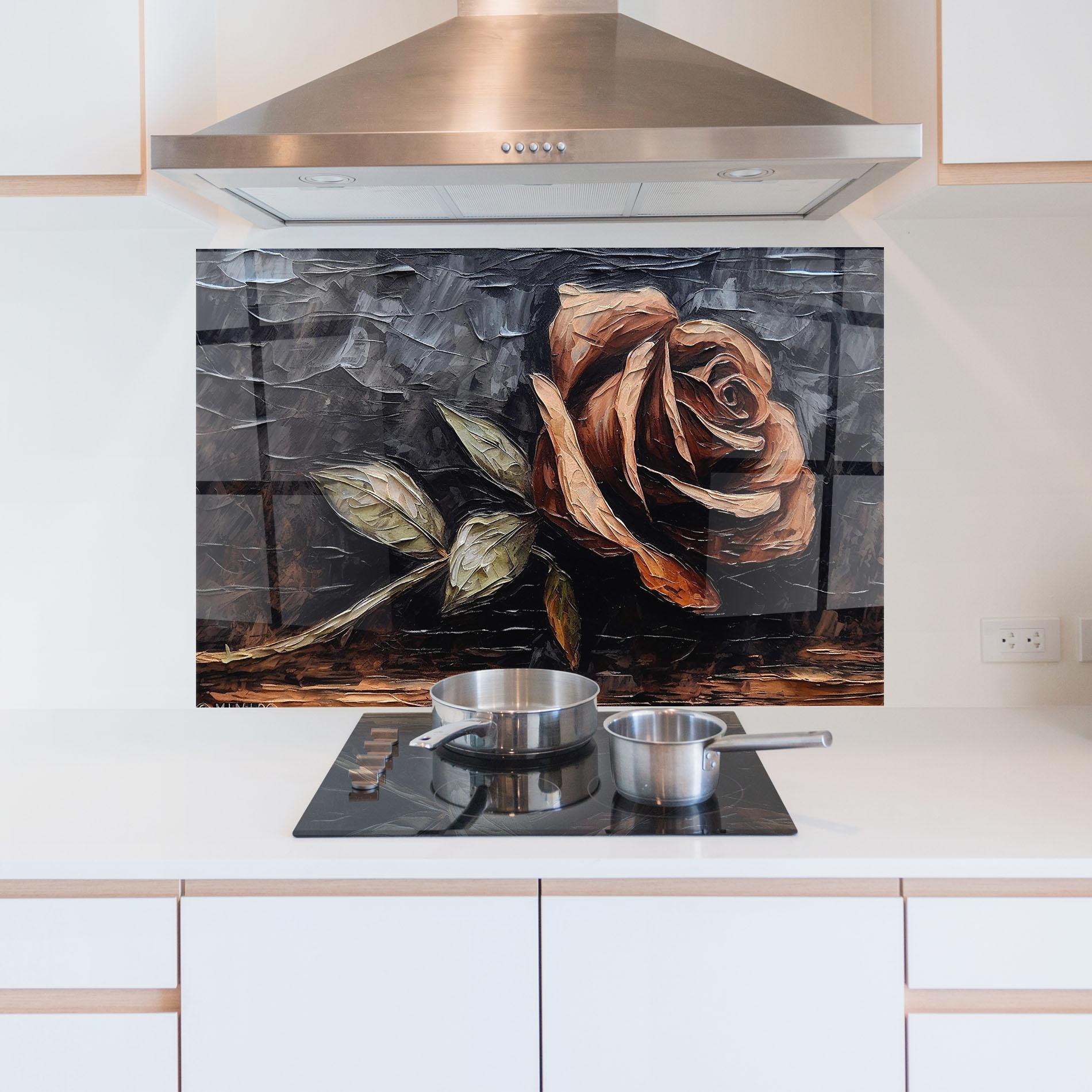 Küchenrückwand Glas Dirty Red Rose Art mockup 5