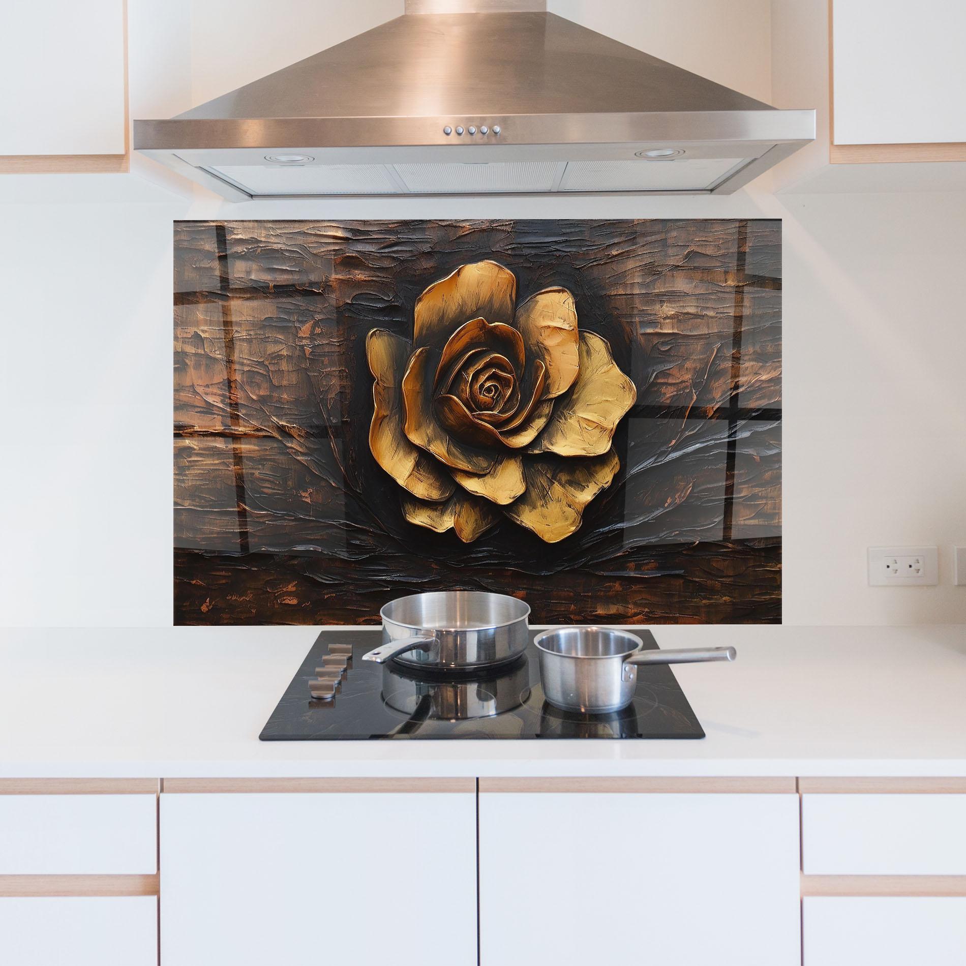 Küchenrückwand Glas Gold Rose On Wood mockup 5