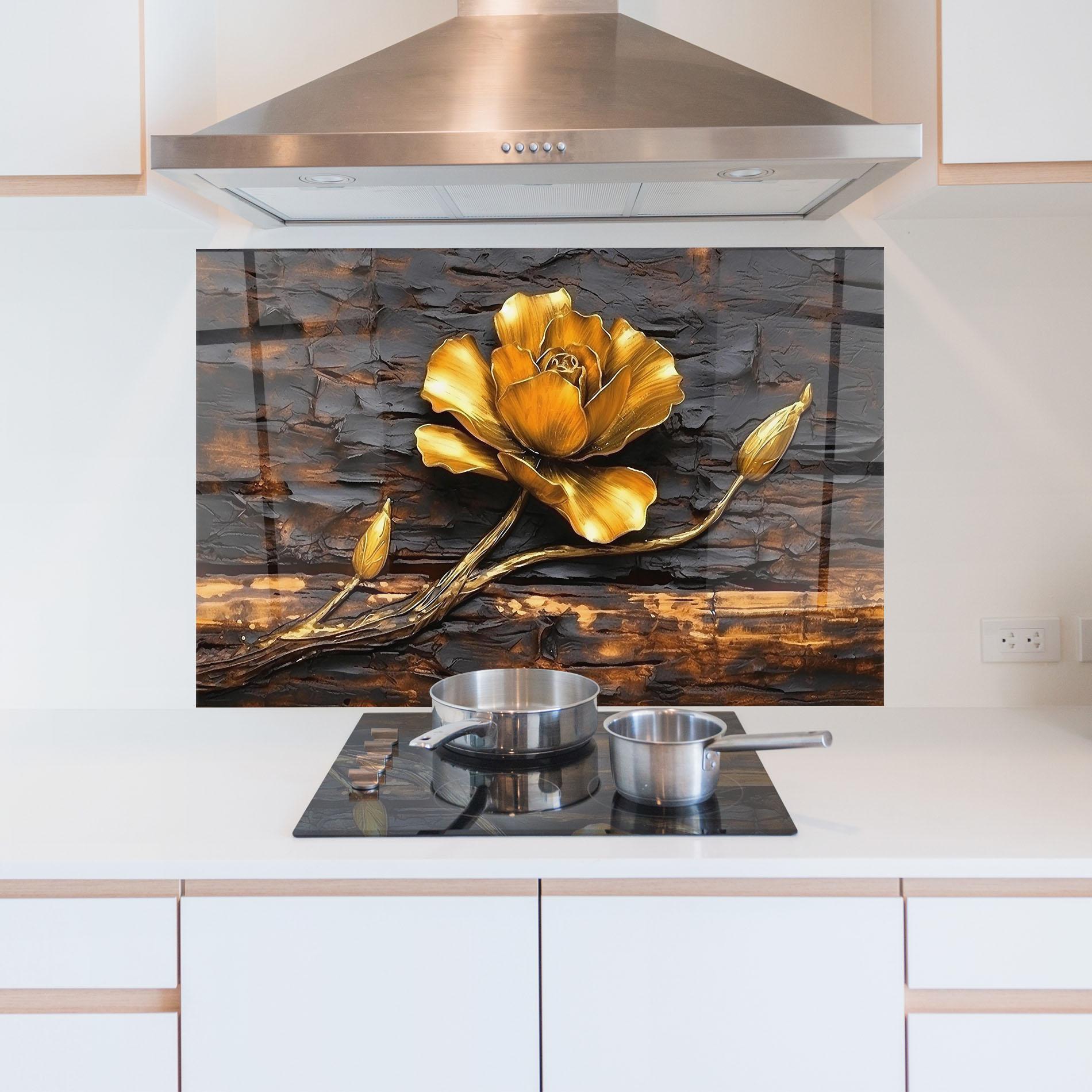 Küchenrückwand Glas Golden Rose On Wood mockup 5