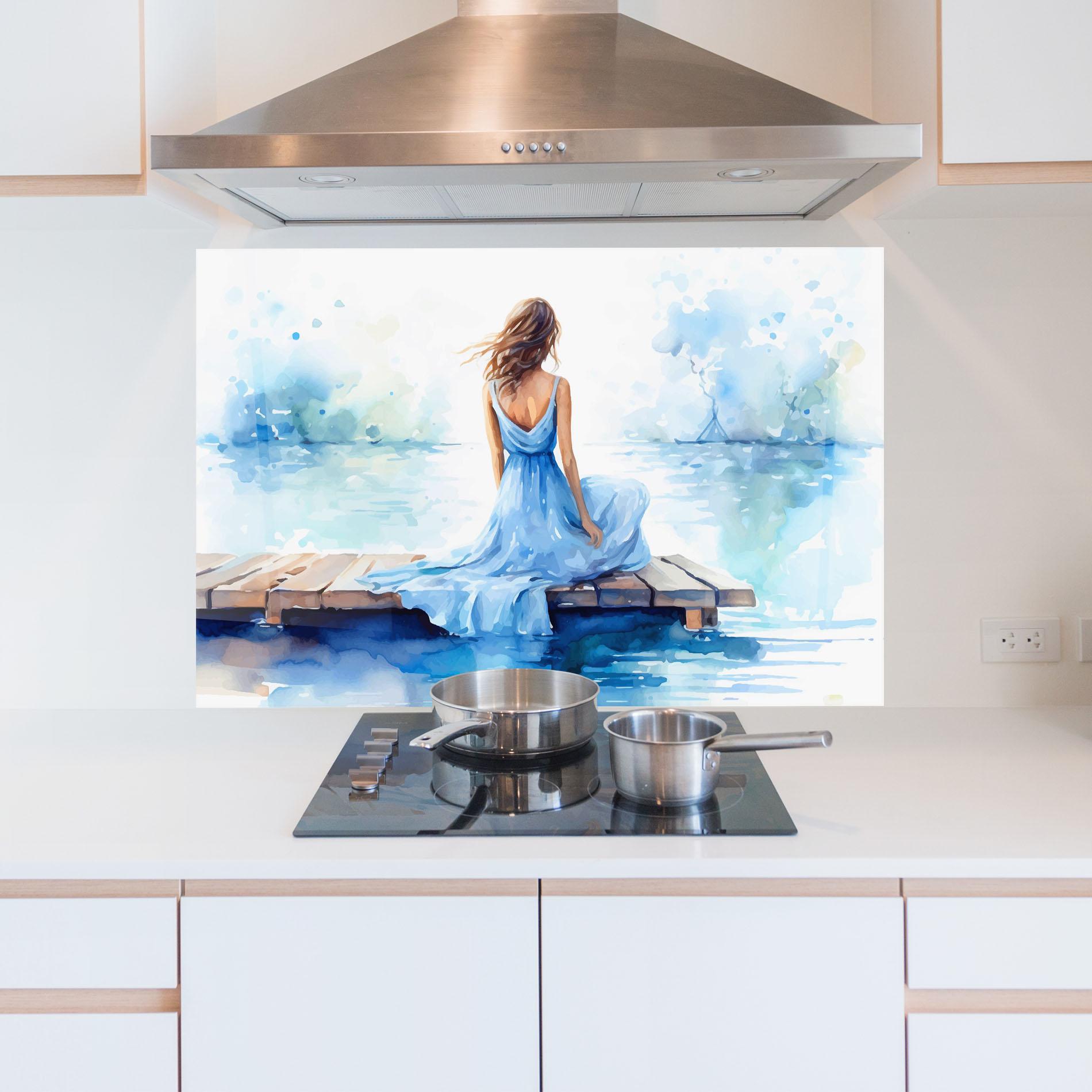 Küchenrückwand Glas Lake Blue Woman mockup 5