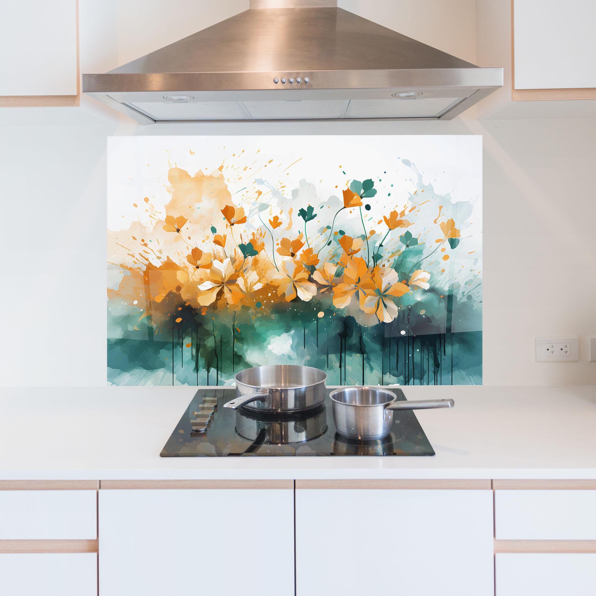 Küchenrückwand Glas Orange Green Flowers mockup 5