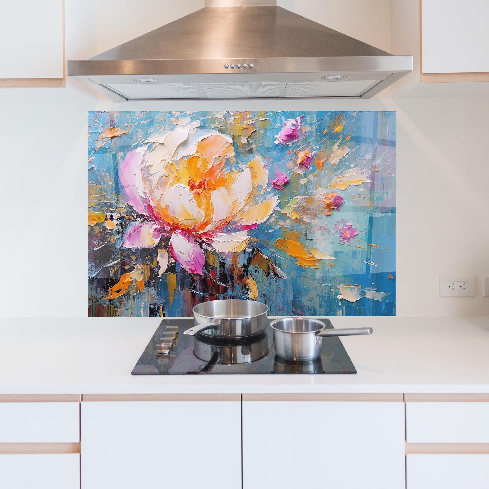 Küchenrückwand Glas Pink Orange Peony Art mockup 5