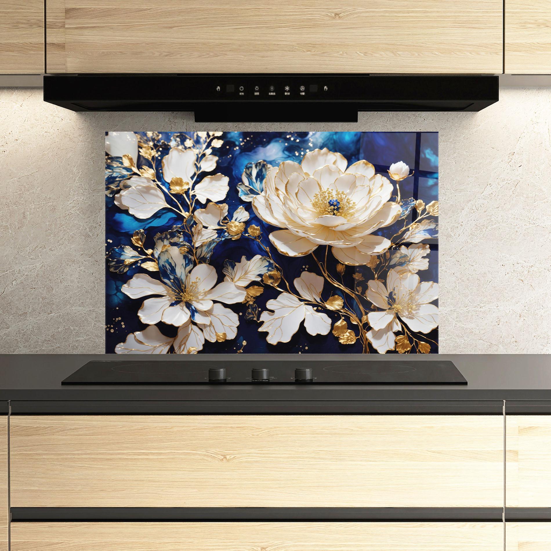 Küchenrückwand Glas Beautiful Golden White Rose mockup 3