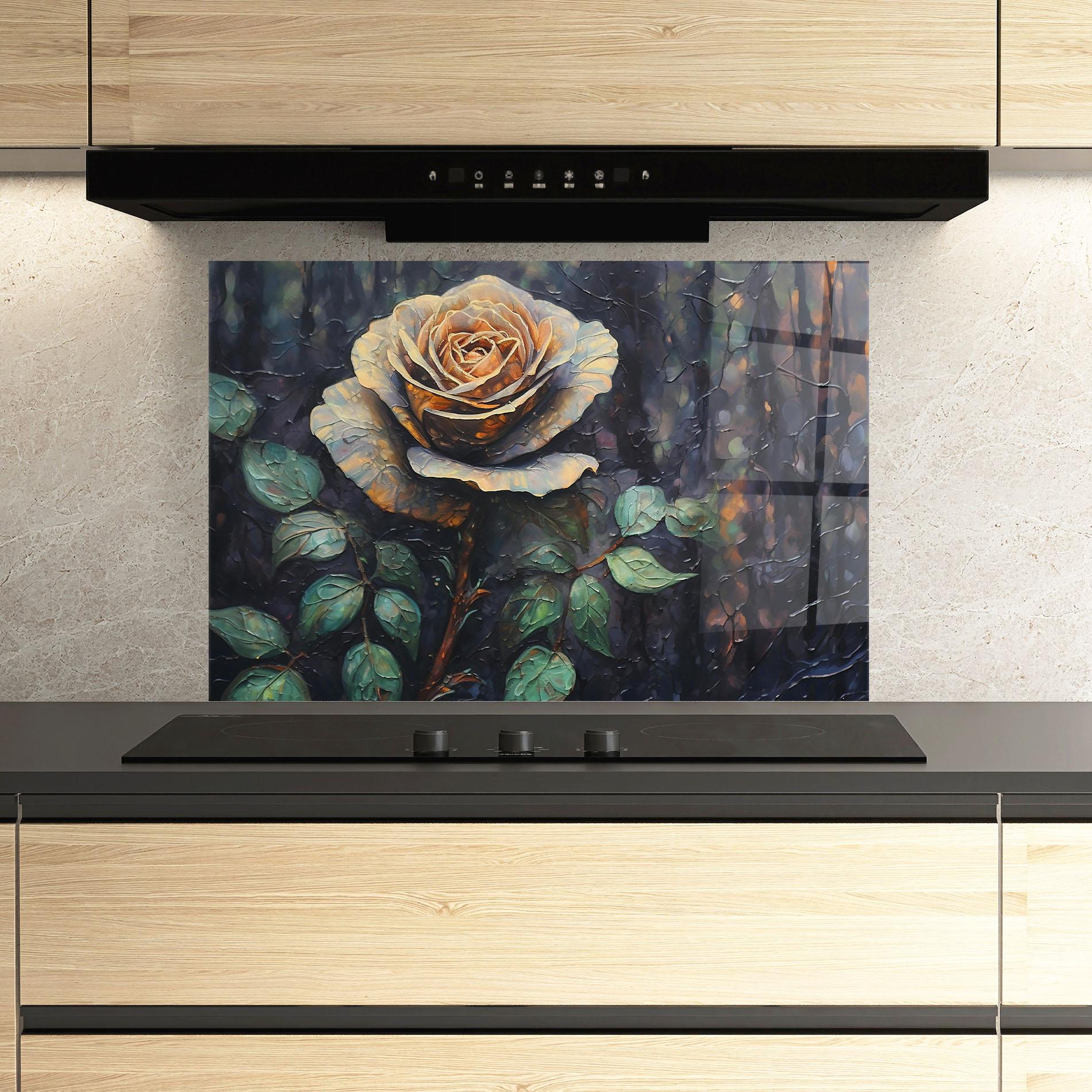 Küchenrückwand Glas Blue Yellow Rose Art mockup 3