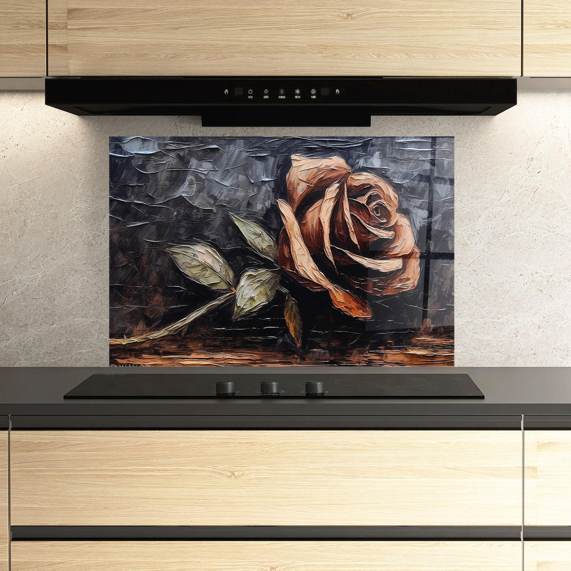 Küchenrückwand Glas Dirty Red Rose Art mockup 3