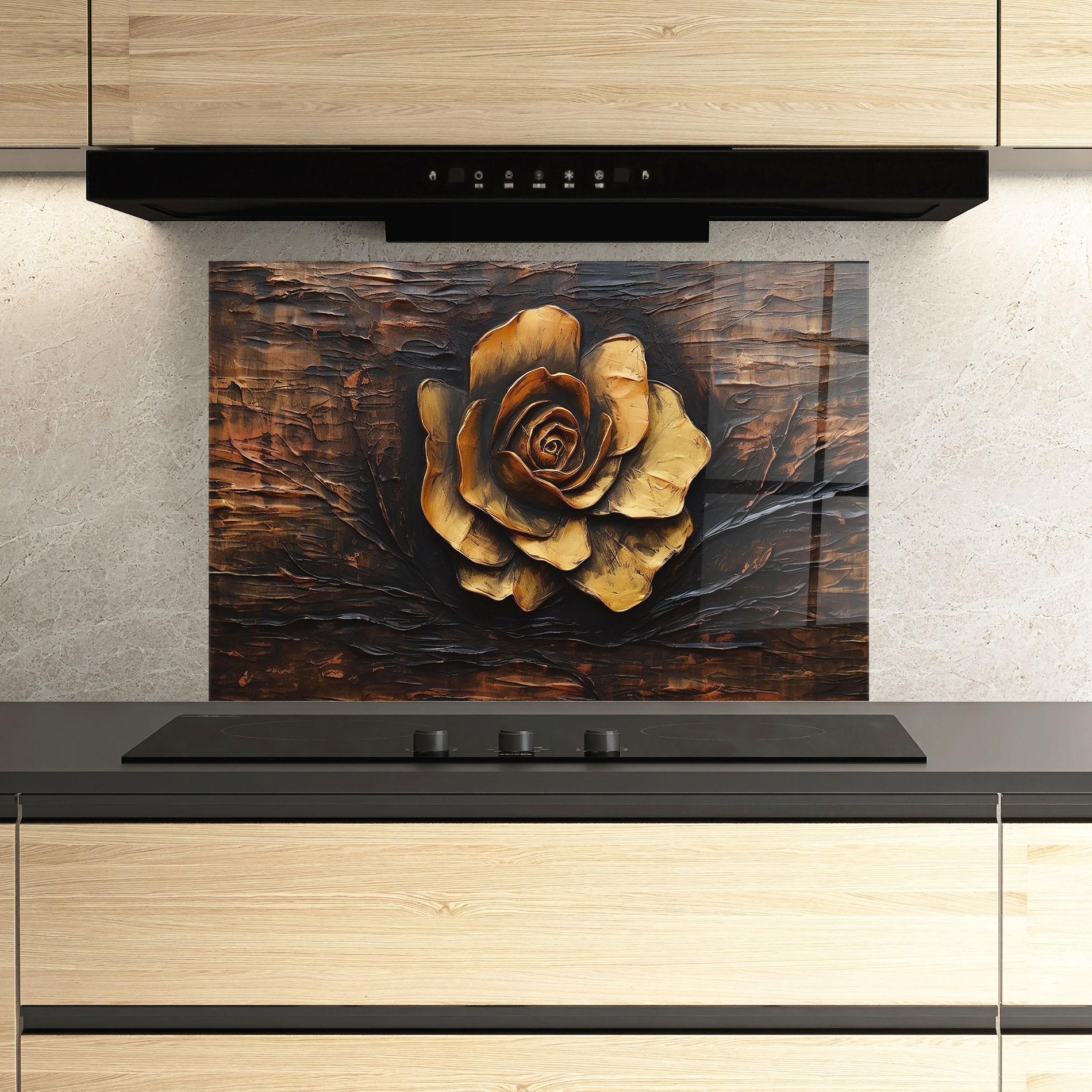Küchenrückwand Glas Gold Rose On Wood mockup 3