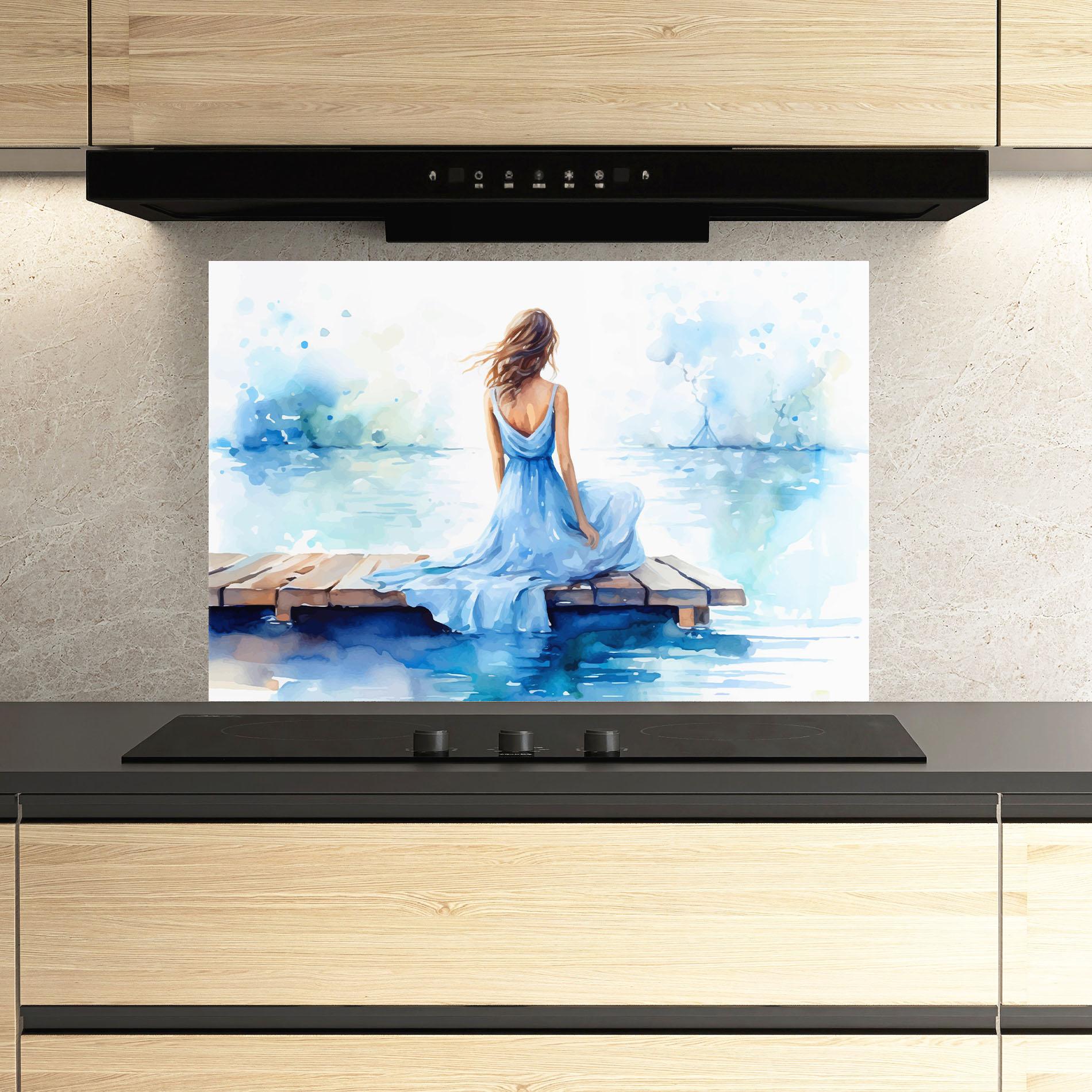 Küchenrückwand Glas Lake Blue Woman mockup 3
