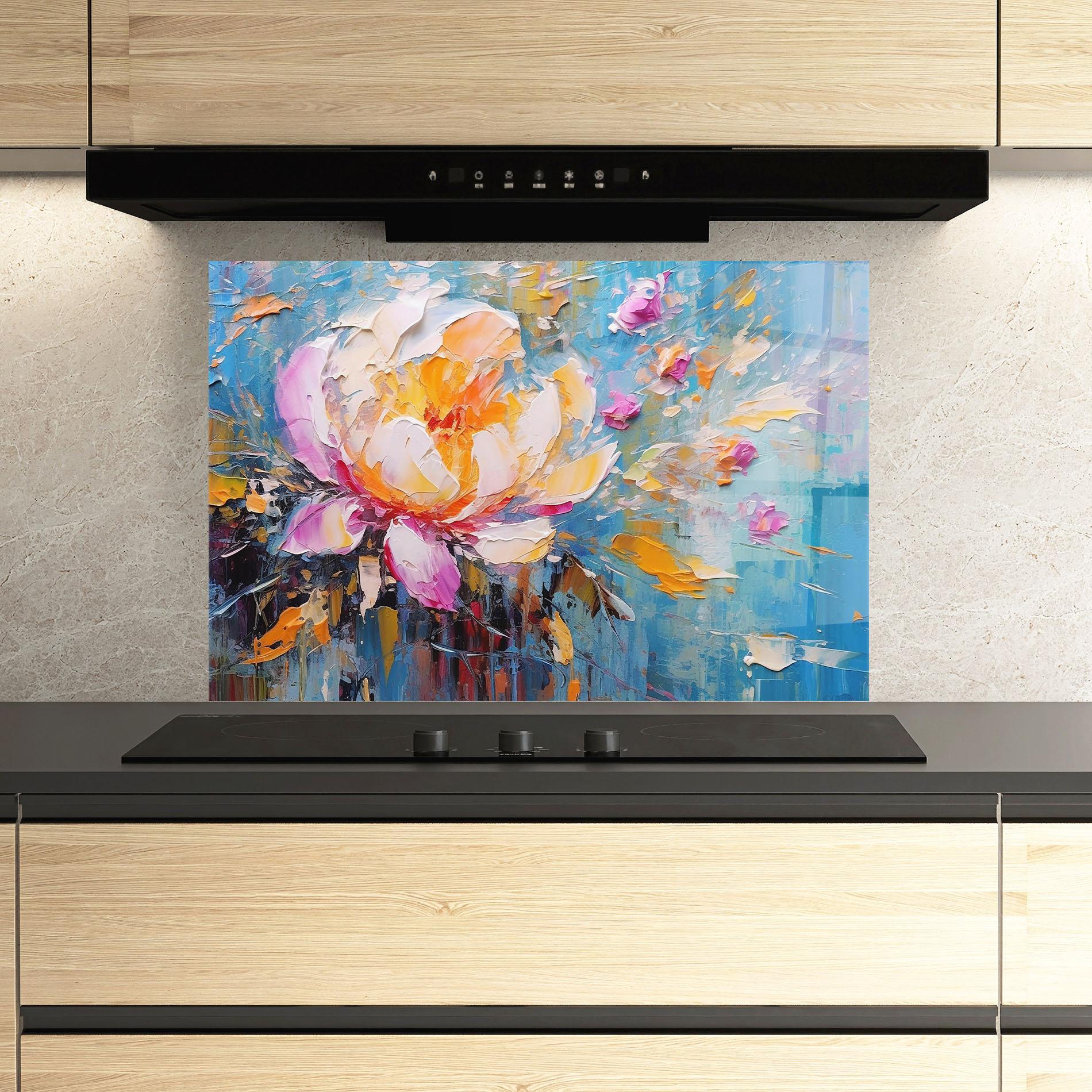 Küchenrückwand Glas Pink Orange Peony Art mockup 3