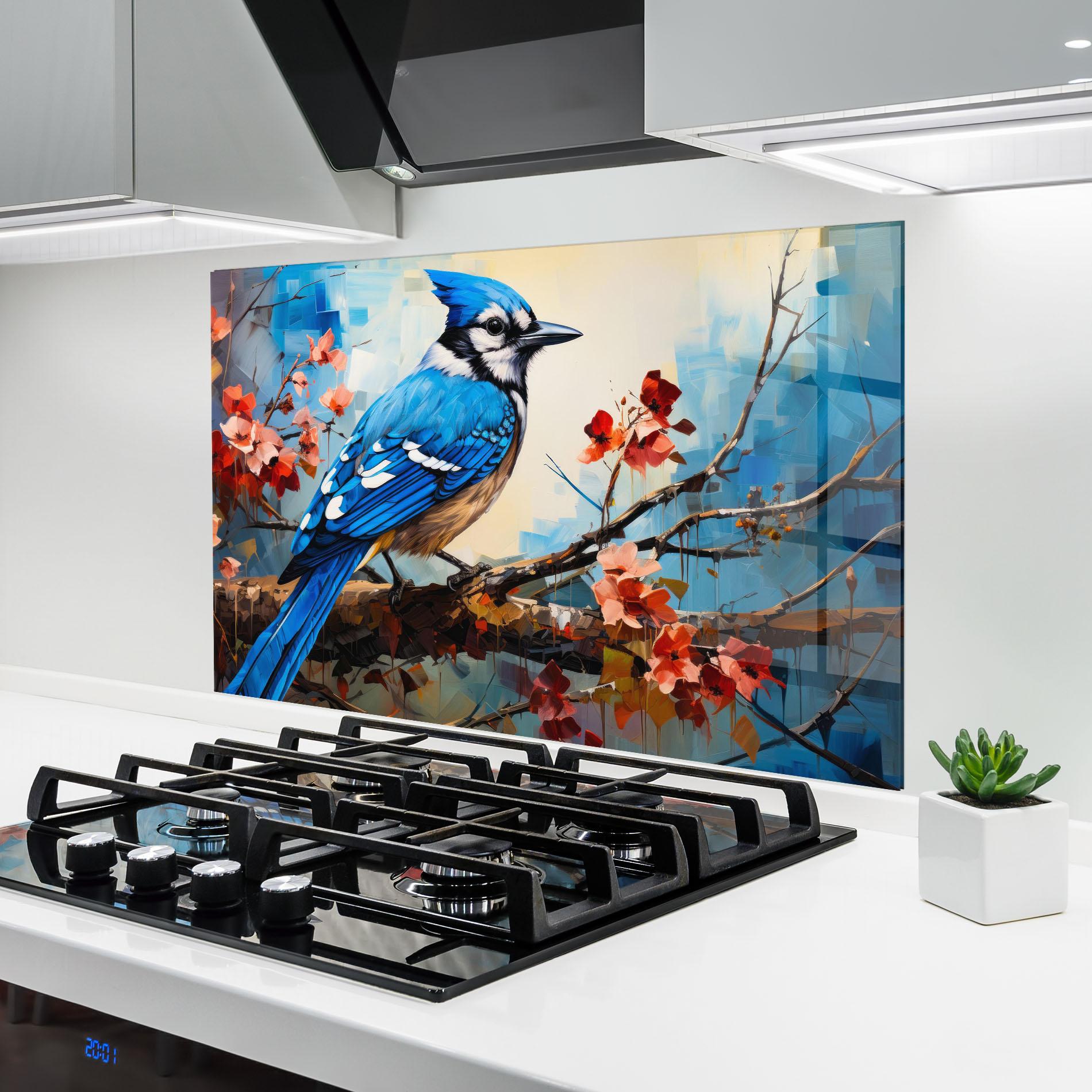 Küchenrückwand Glas Blue Bird Sitting Art mockup 6
