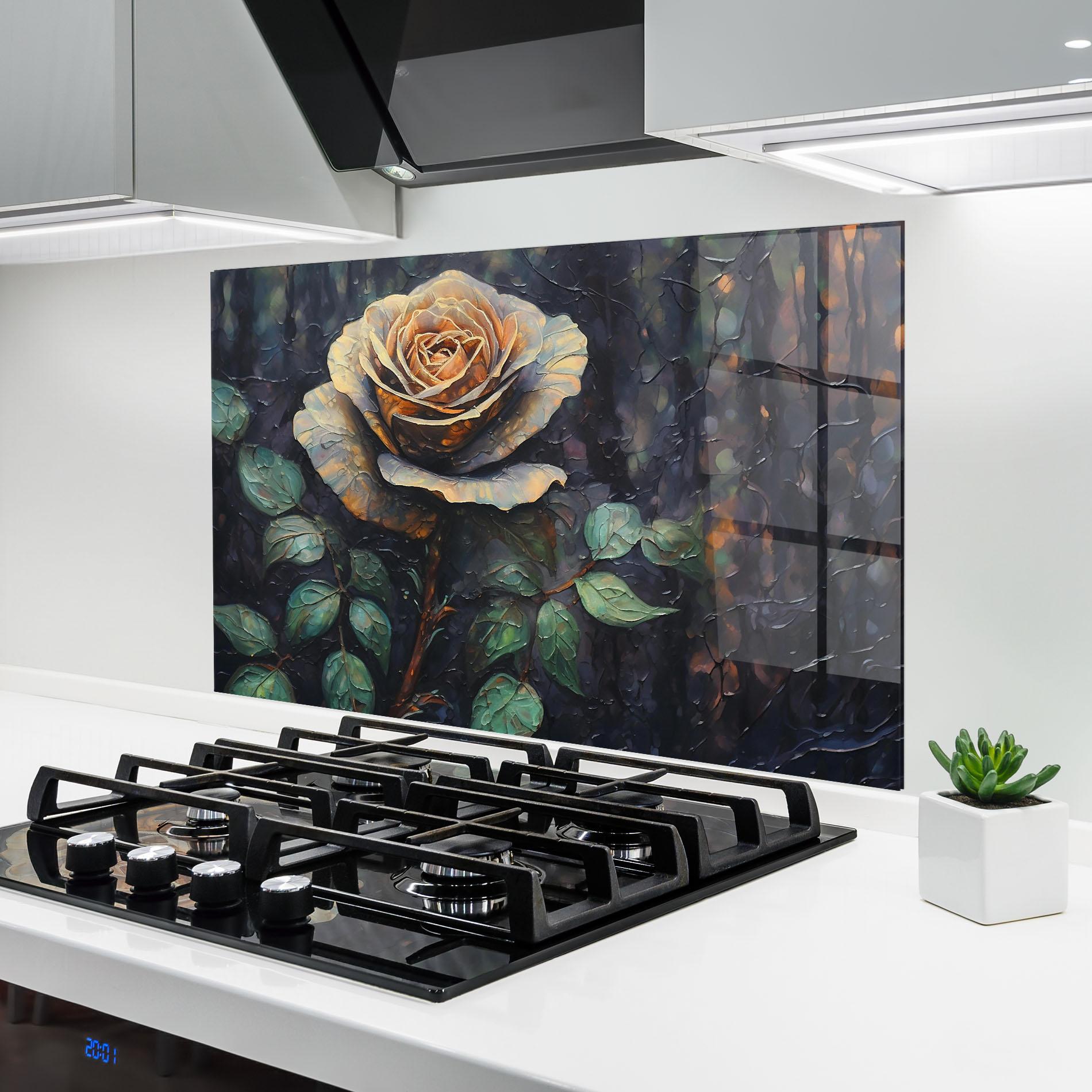 Küchenrückwand Glas Blue Yellow Rose Art mockup 6