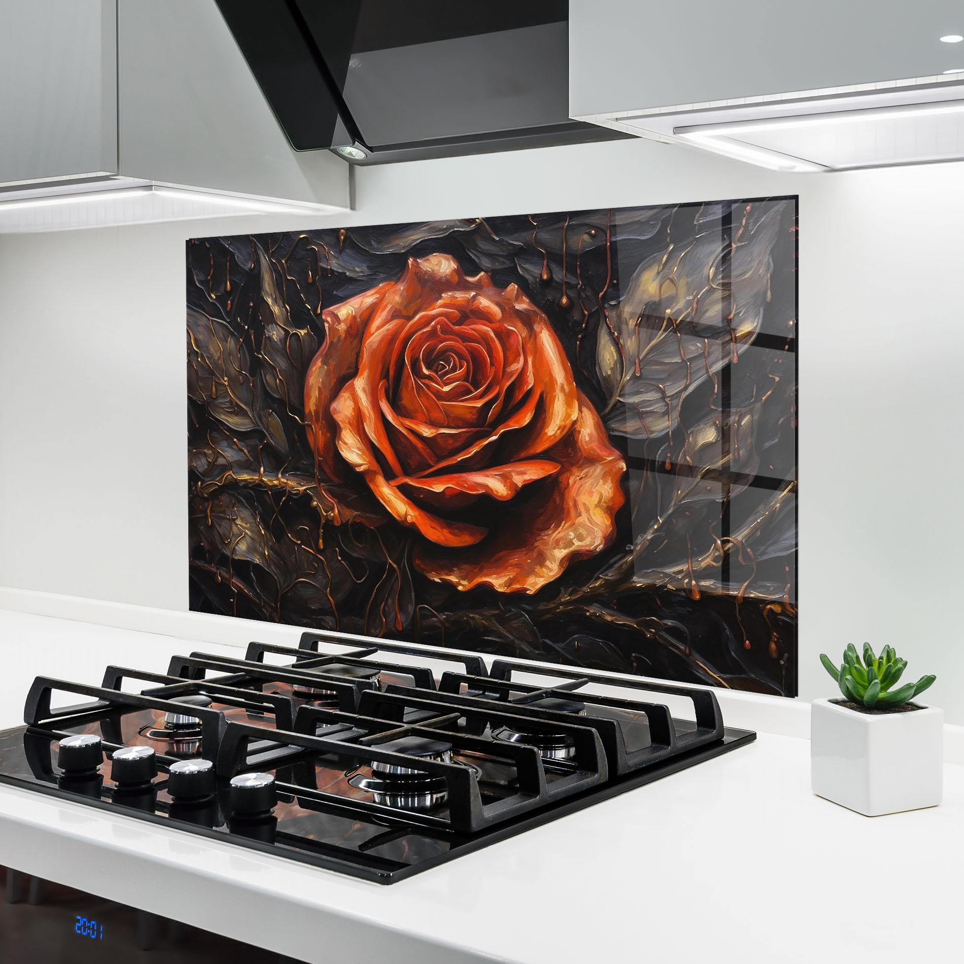 Küchenrückwand Glas Dark Orange Rose Art mockup 6