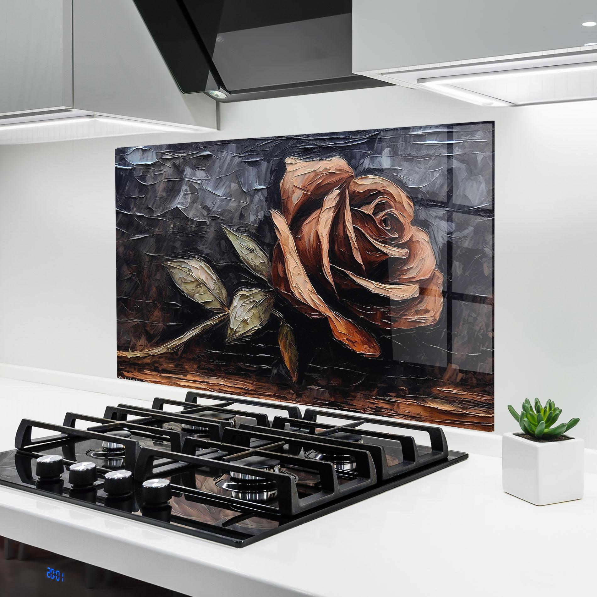 Küchenrückwand Glas Dirty Red Rose Art mockup 6