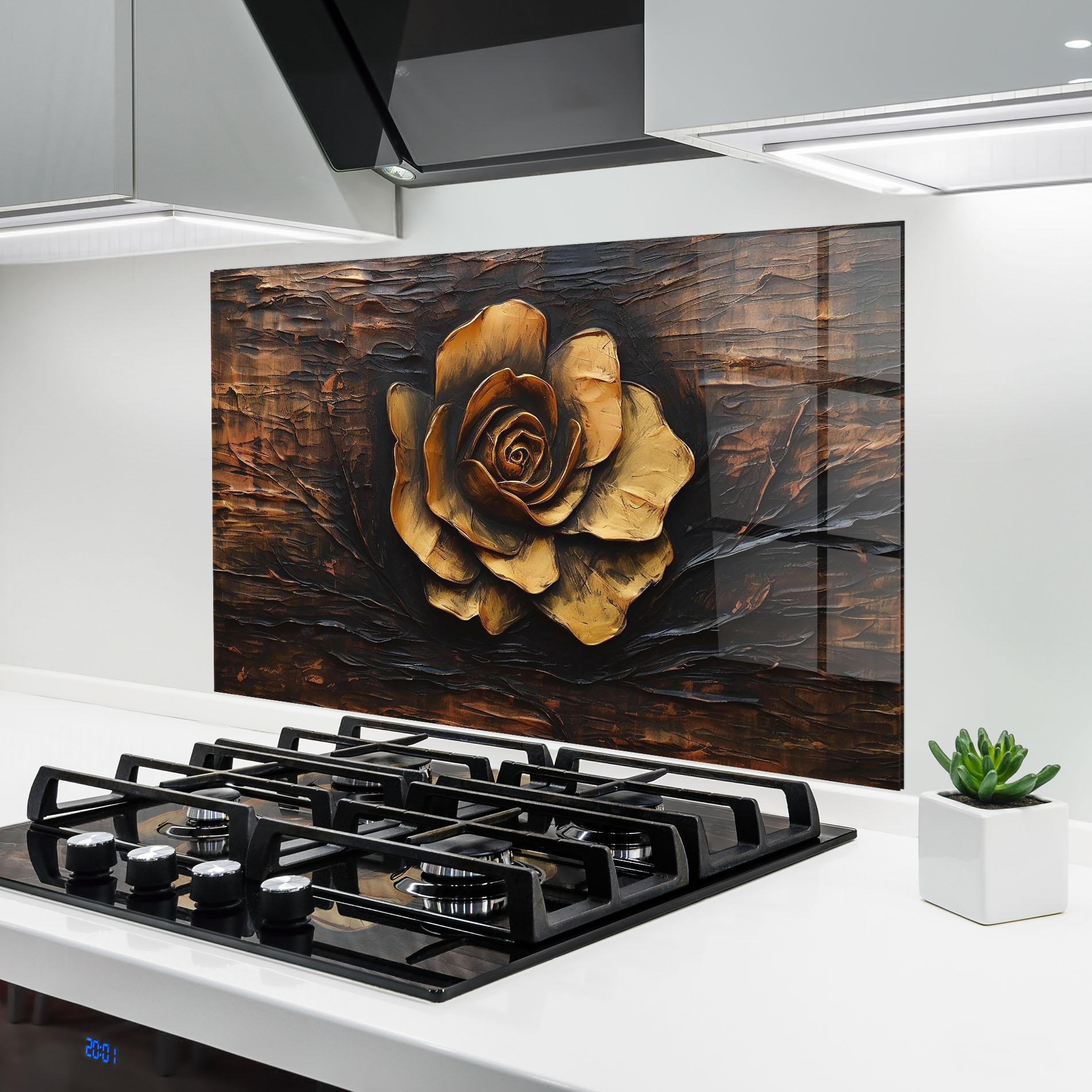 Küchenrückwand Glas Gold Rose On Wood mockup 6