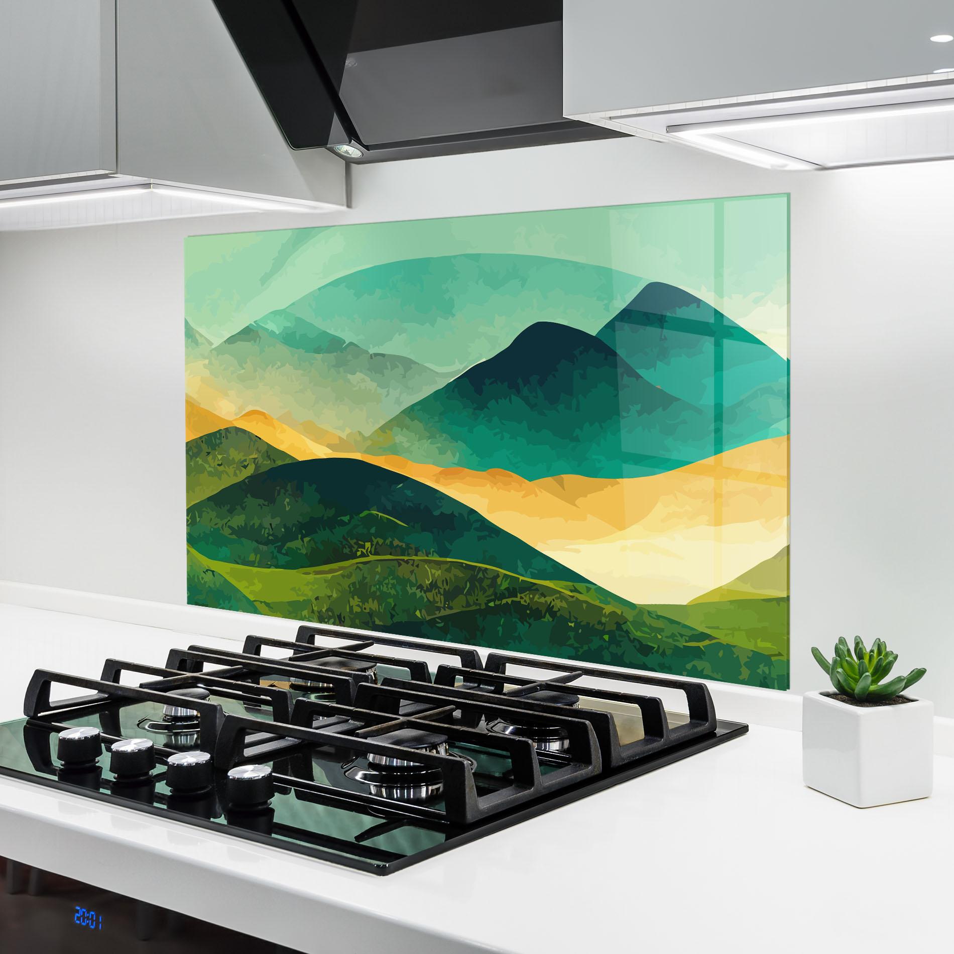 Küchenrückwand Glas Green Art Mountain mockup 6