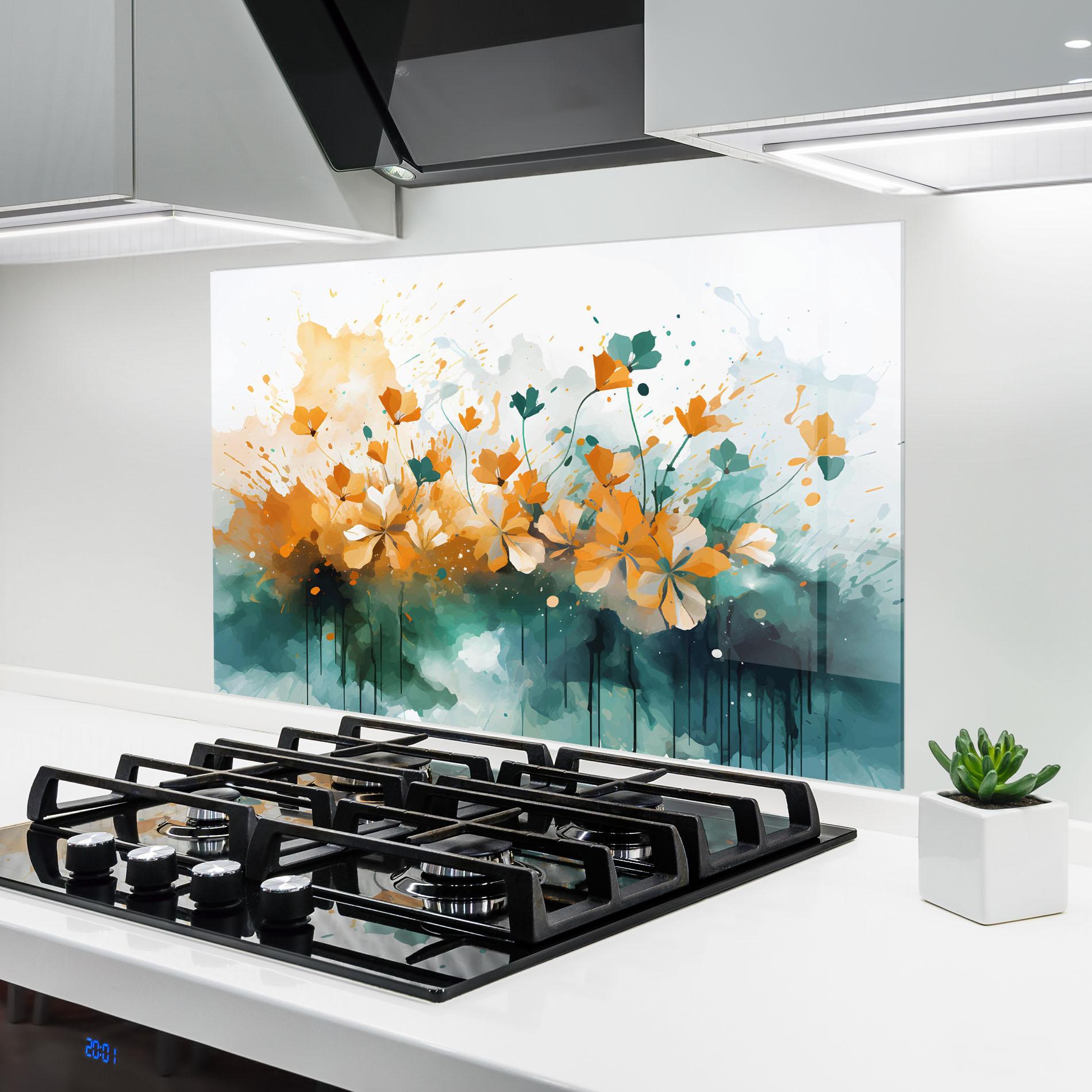 Küchenrückwand Glas Orange Green Flowers mockup 6
