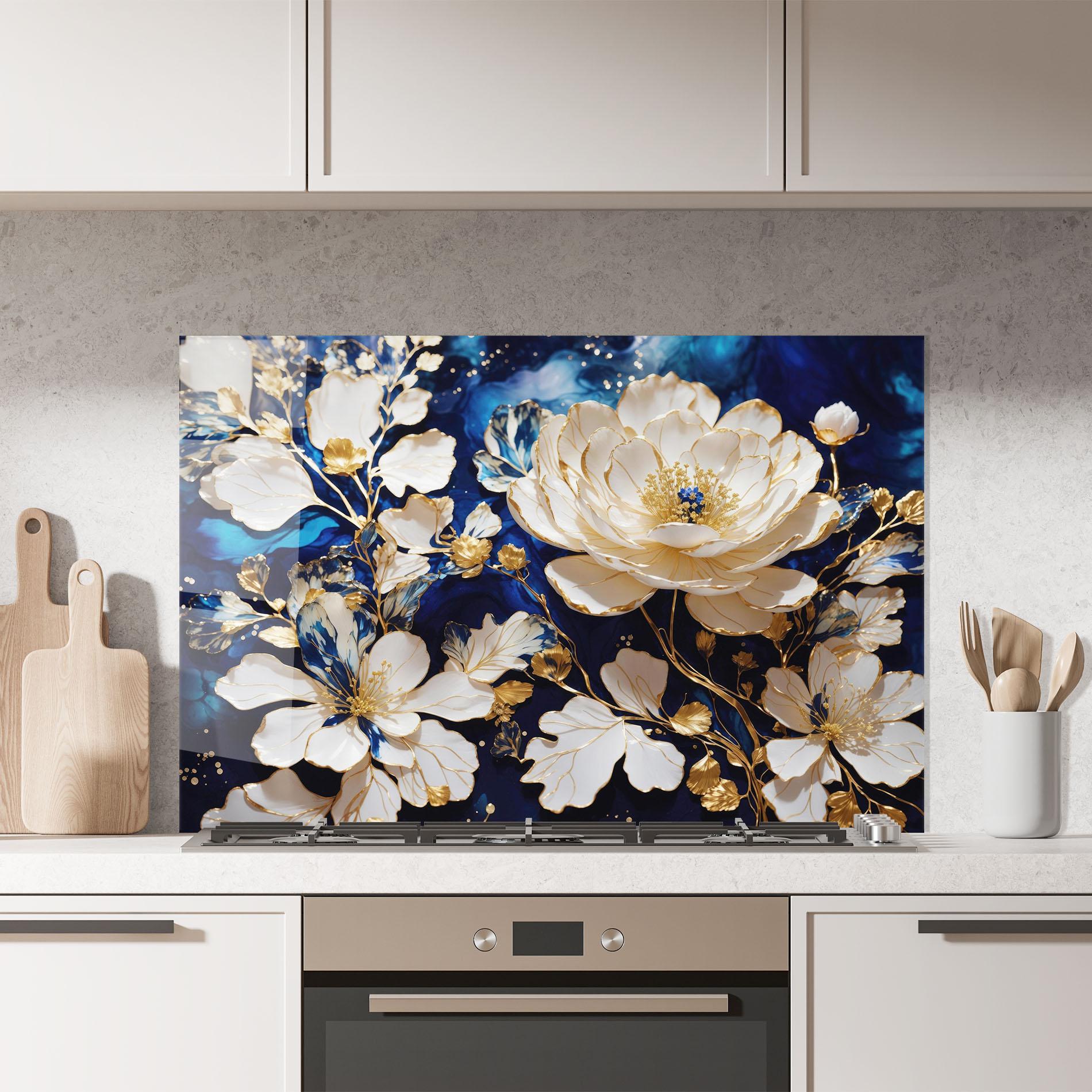 Küchenrückwand Glas Beautiful Golden White Rose mockup 7