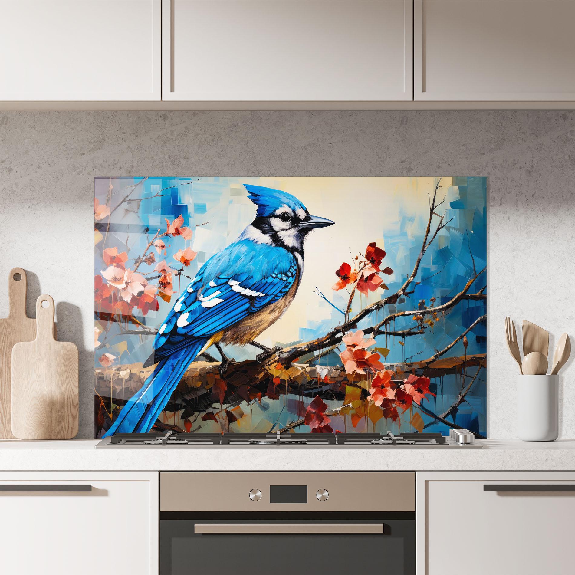 Küchenrückwand Glas Blue Bird Sitting Art mockup 7