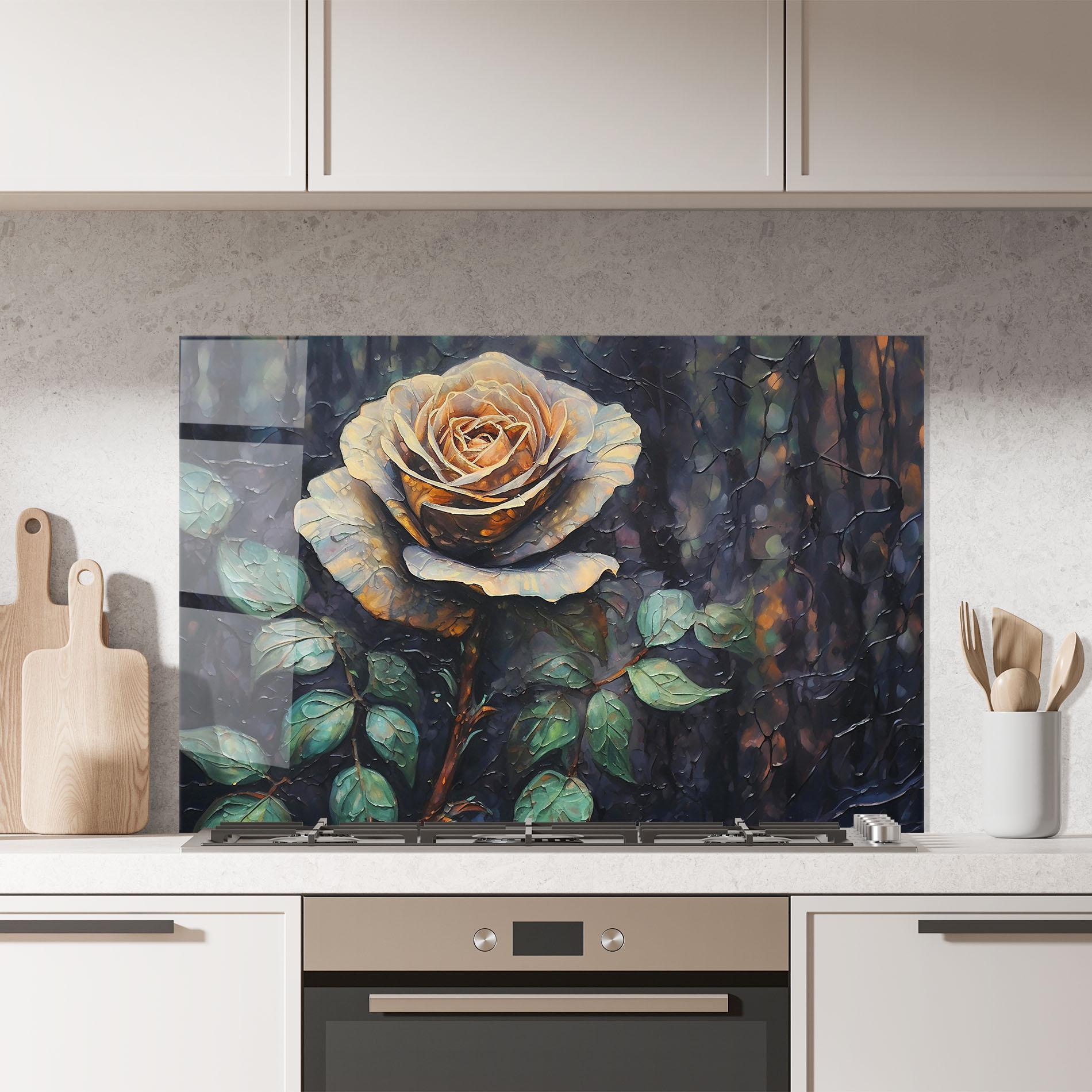 Küchenrückwand Glas Blue Yellow Rose Art mockup 7