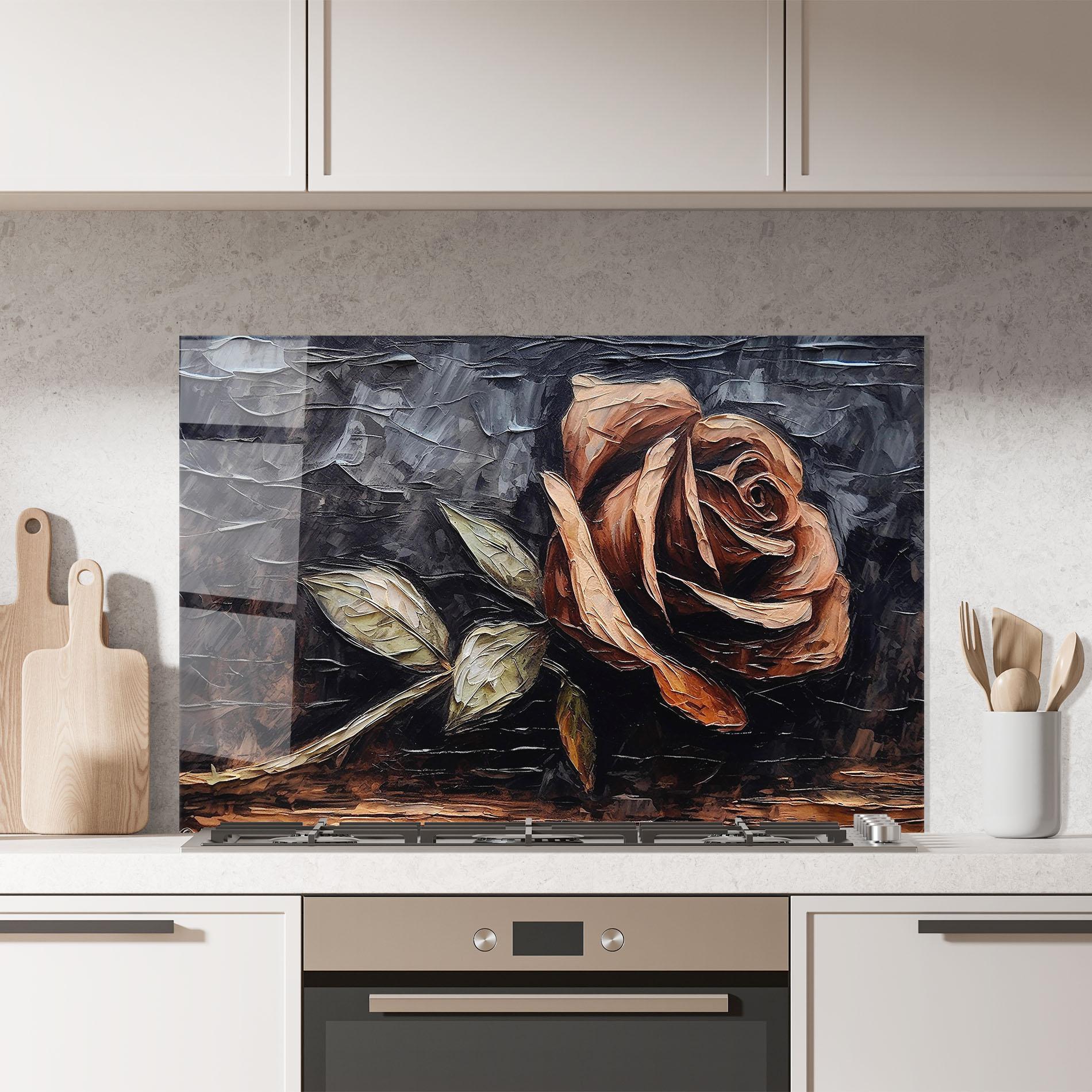 Küchenrückwand Glas Dirty Red Rose Art mockup 7