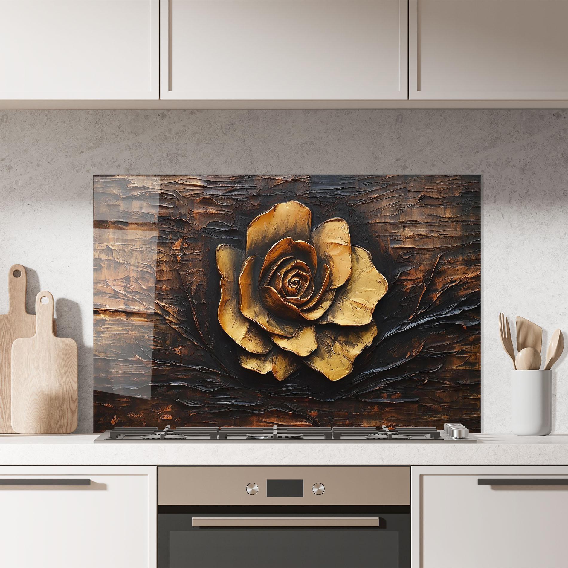Küchenrückwand Glas Gold Rose On Wood mockup 7