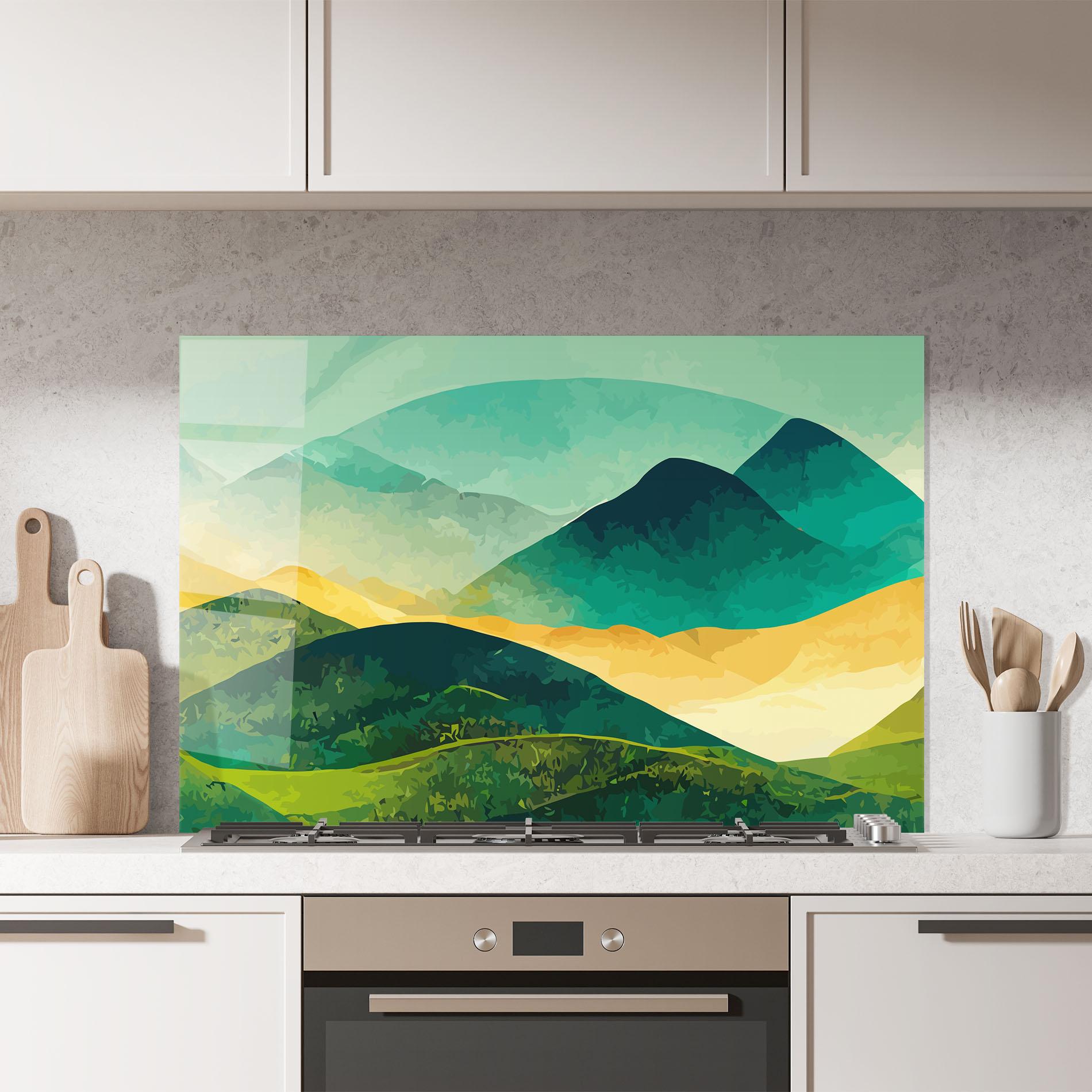 Küchenrückwand Glas Green Art Mountain mockup 7