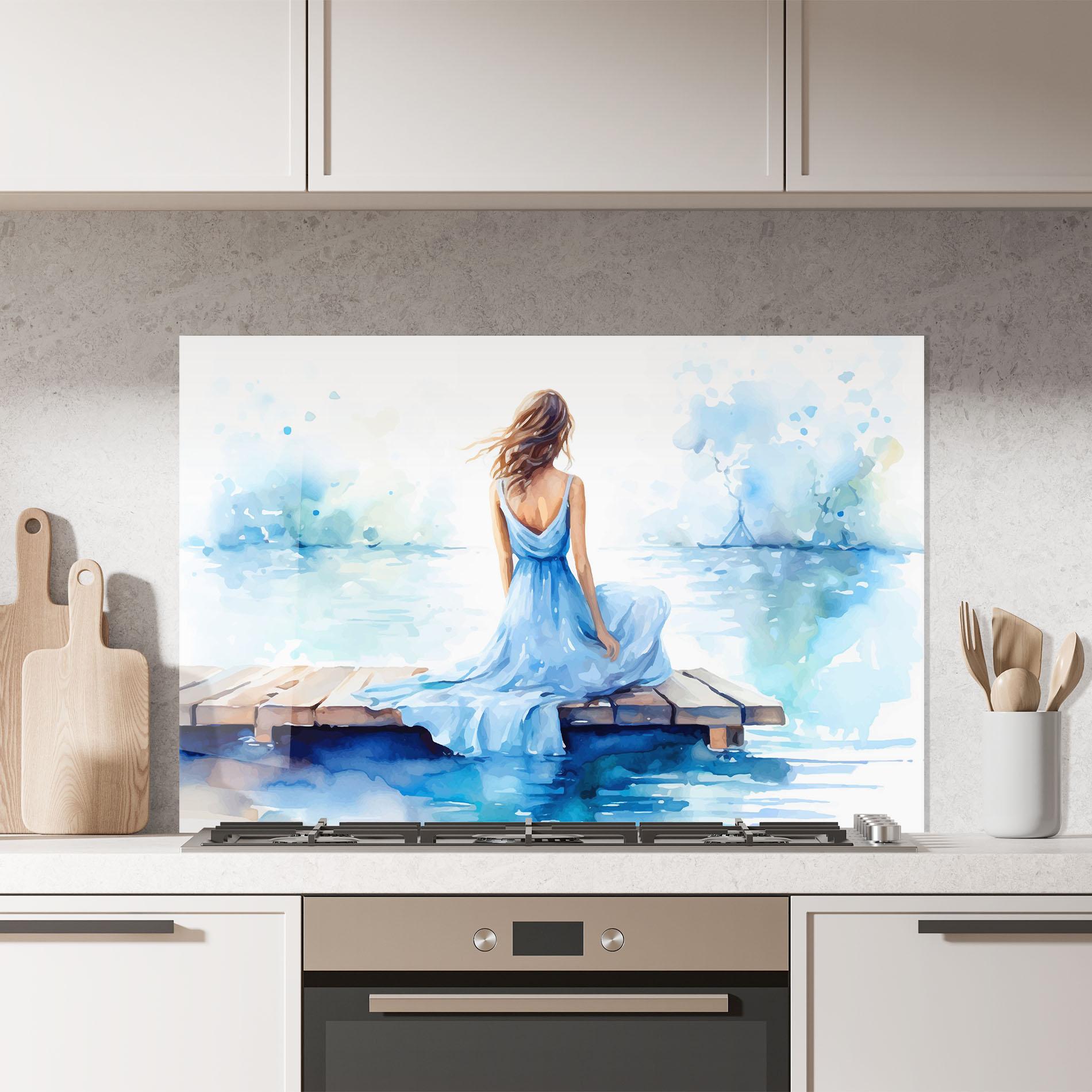 Küchenrückwand Glas Lake Blue Woman mockup 7