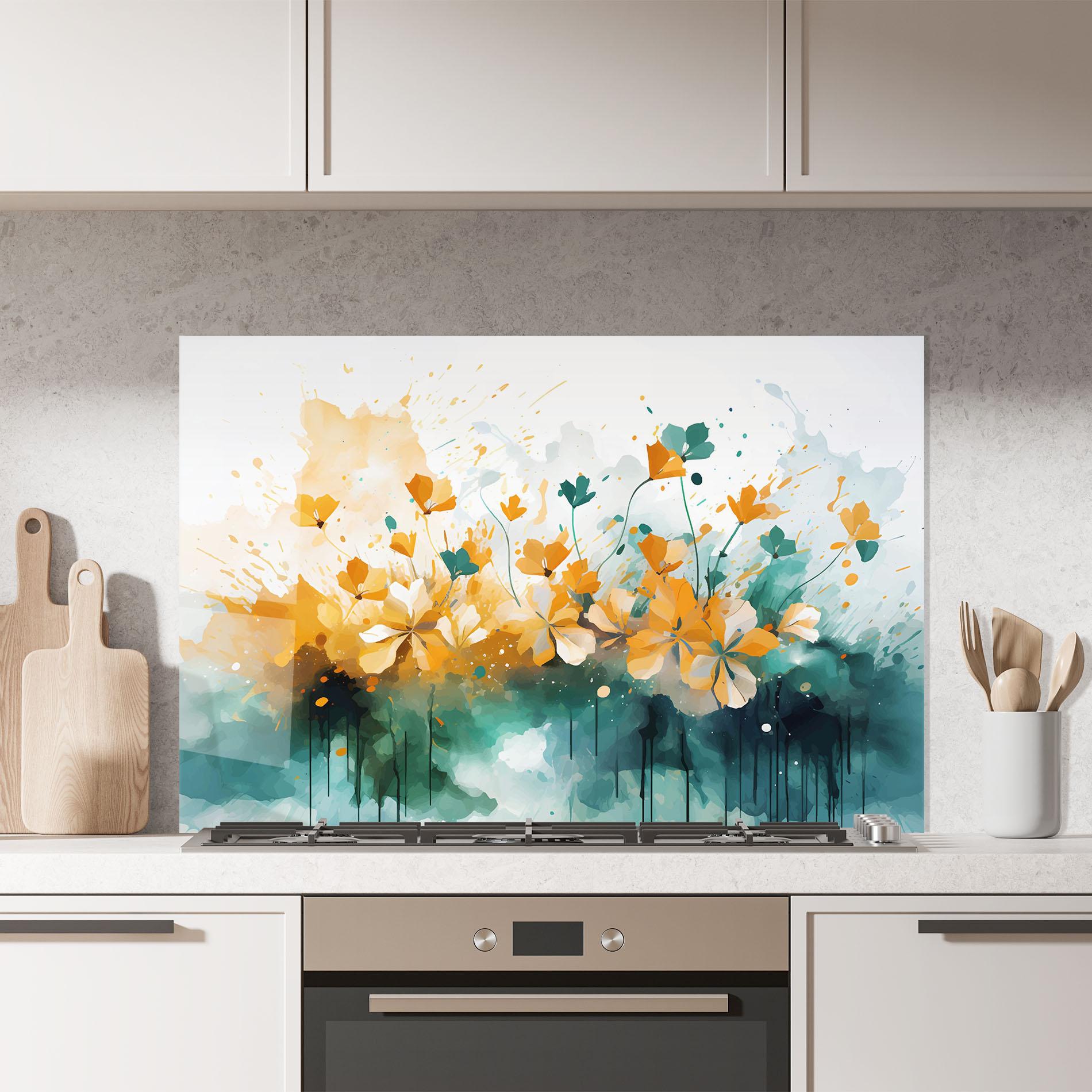 Küchenrückwand Glas Orange Green Flowers mockup 7