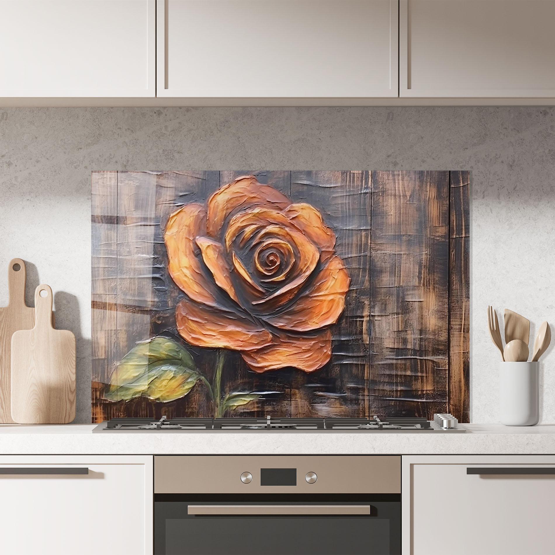 Küchenrückwand Glas Orange Rose On Wood mockup 7