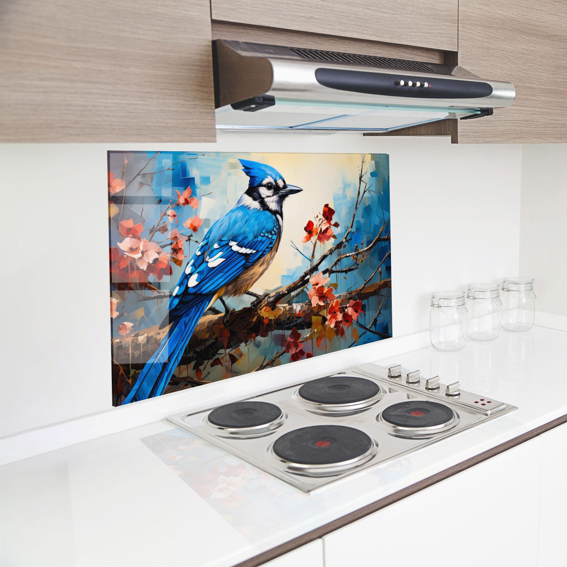 Küchenrückwand Glas Blue Bird Sitting Art mockup 8