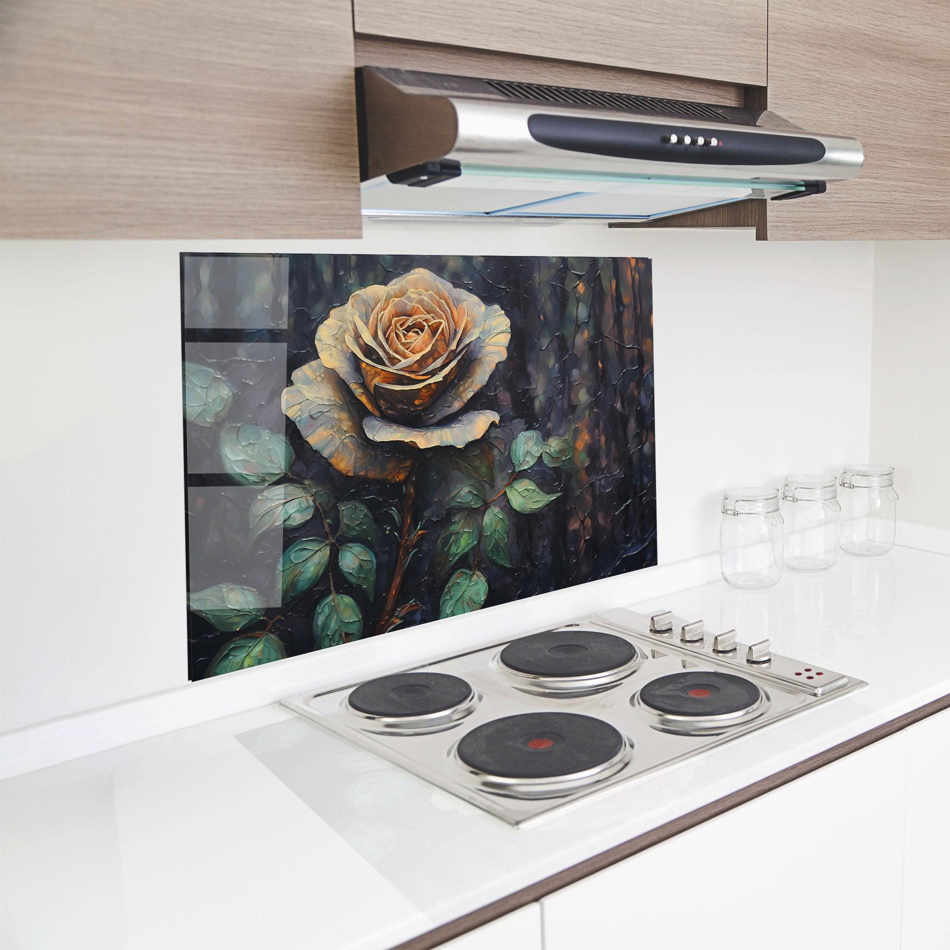 Küchenrückwand Glas Blue Yellow Rose Art mockup 8