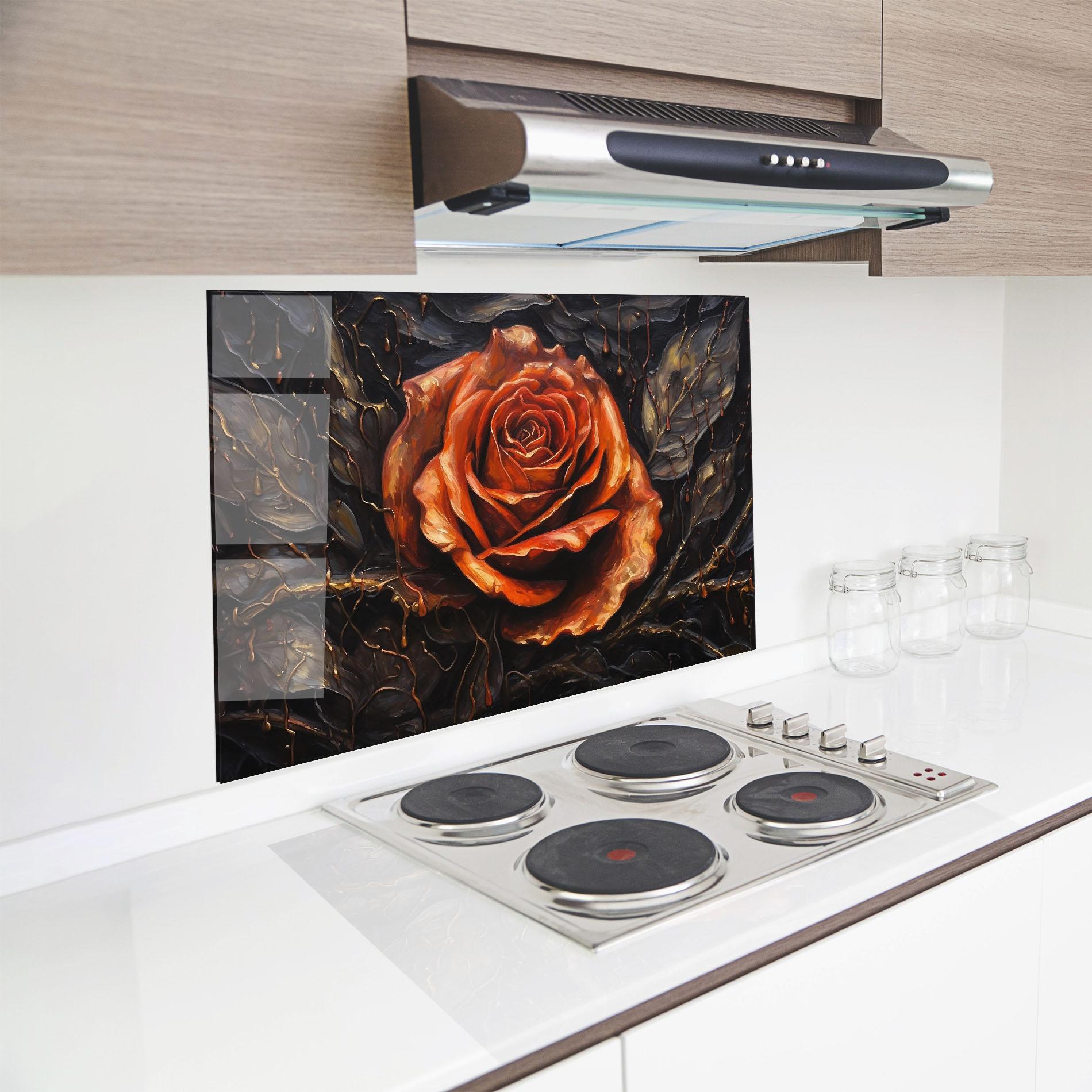 Küchenrückwand Glas Dark Orange Rose Art mockup 8