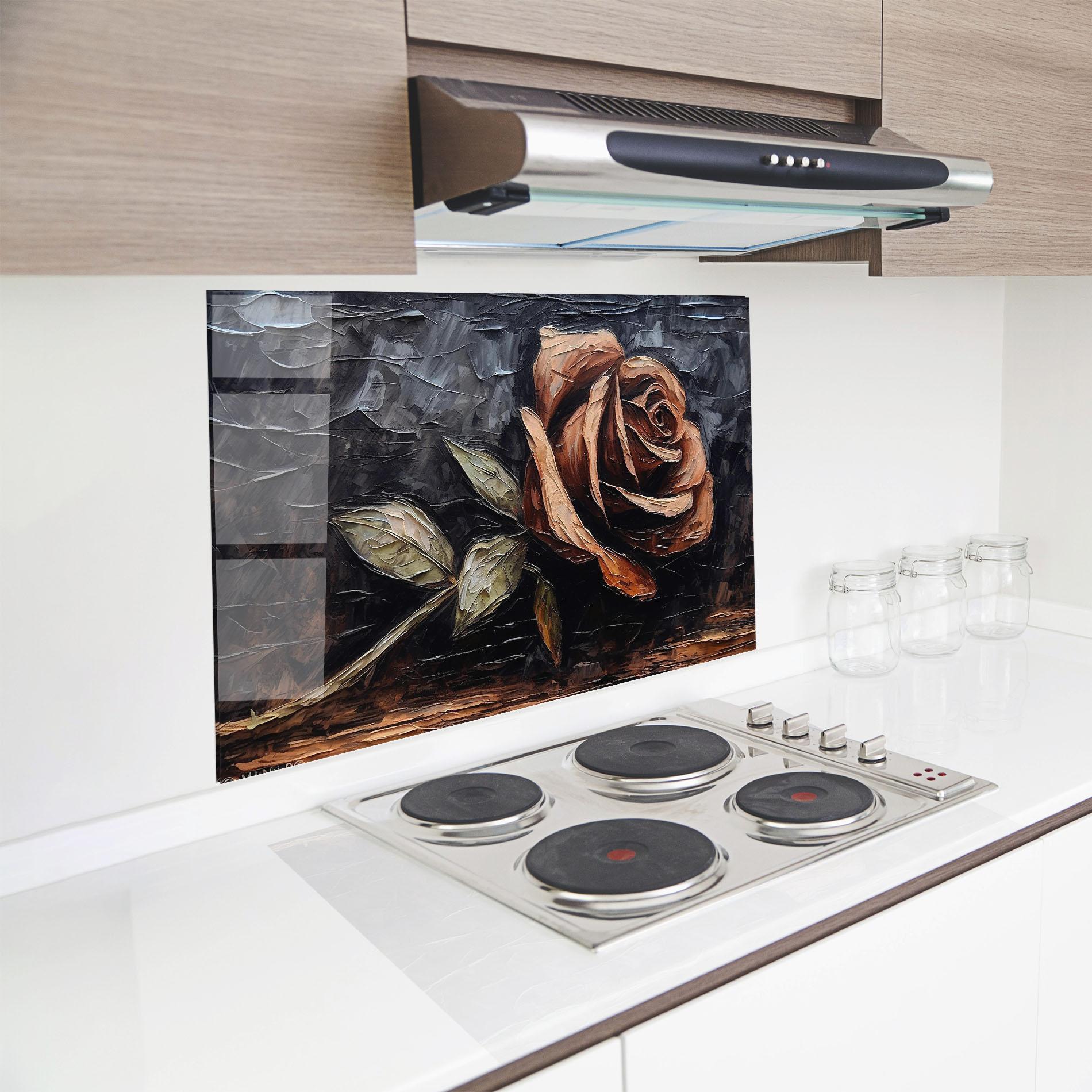 Küchenrückwand Glas Dirty Red Rose Art mockup 8