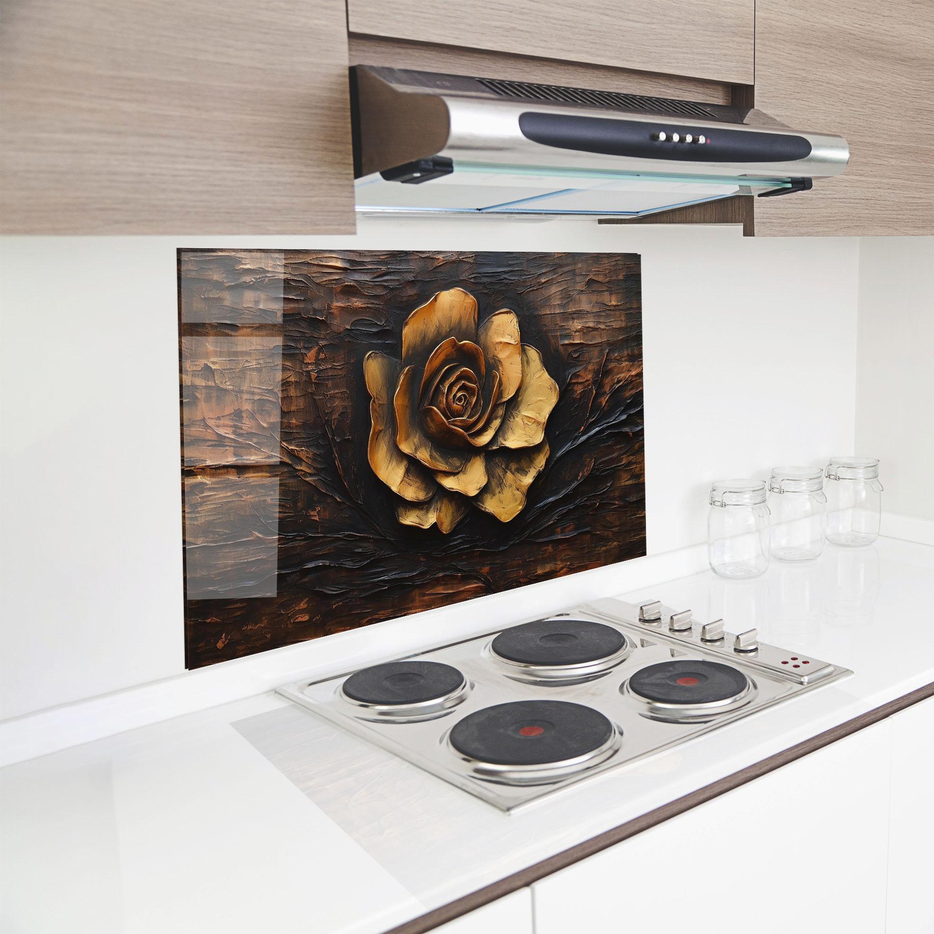 Küchenrückwand Glas Gold Rose On Wood mockup 8