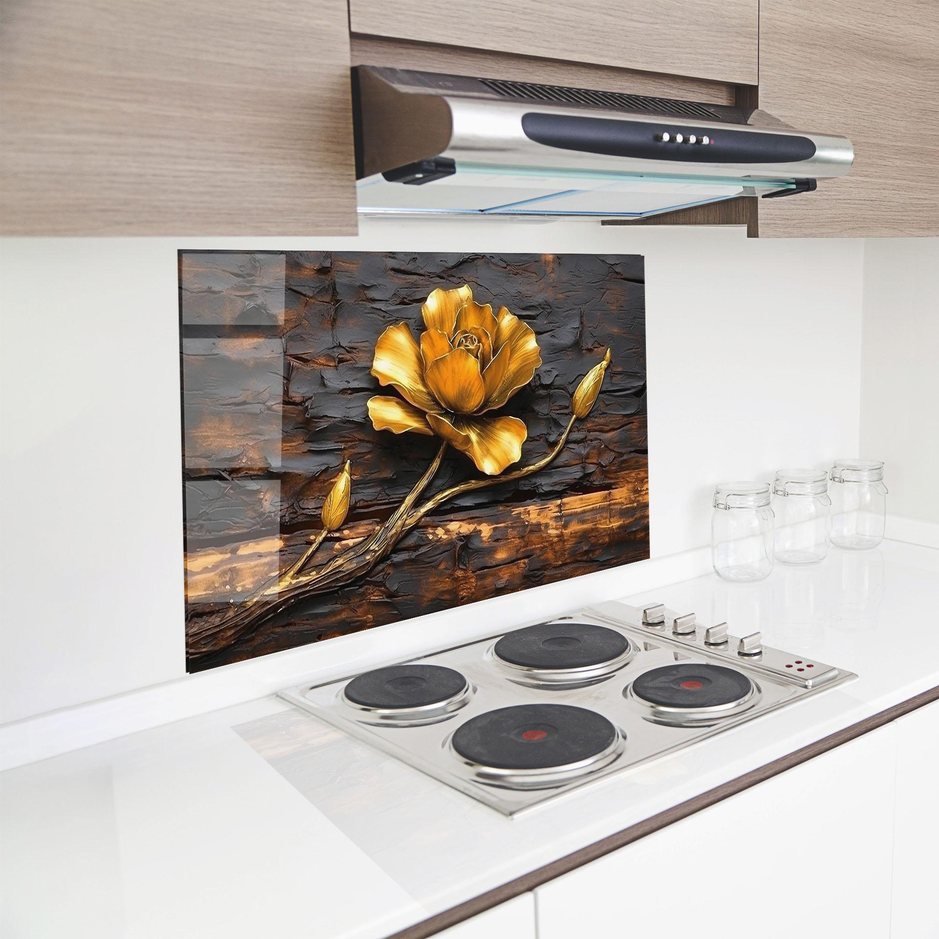 Küchenrückwand Glas Golden Rose On Wood mockup 8