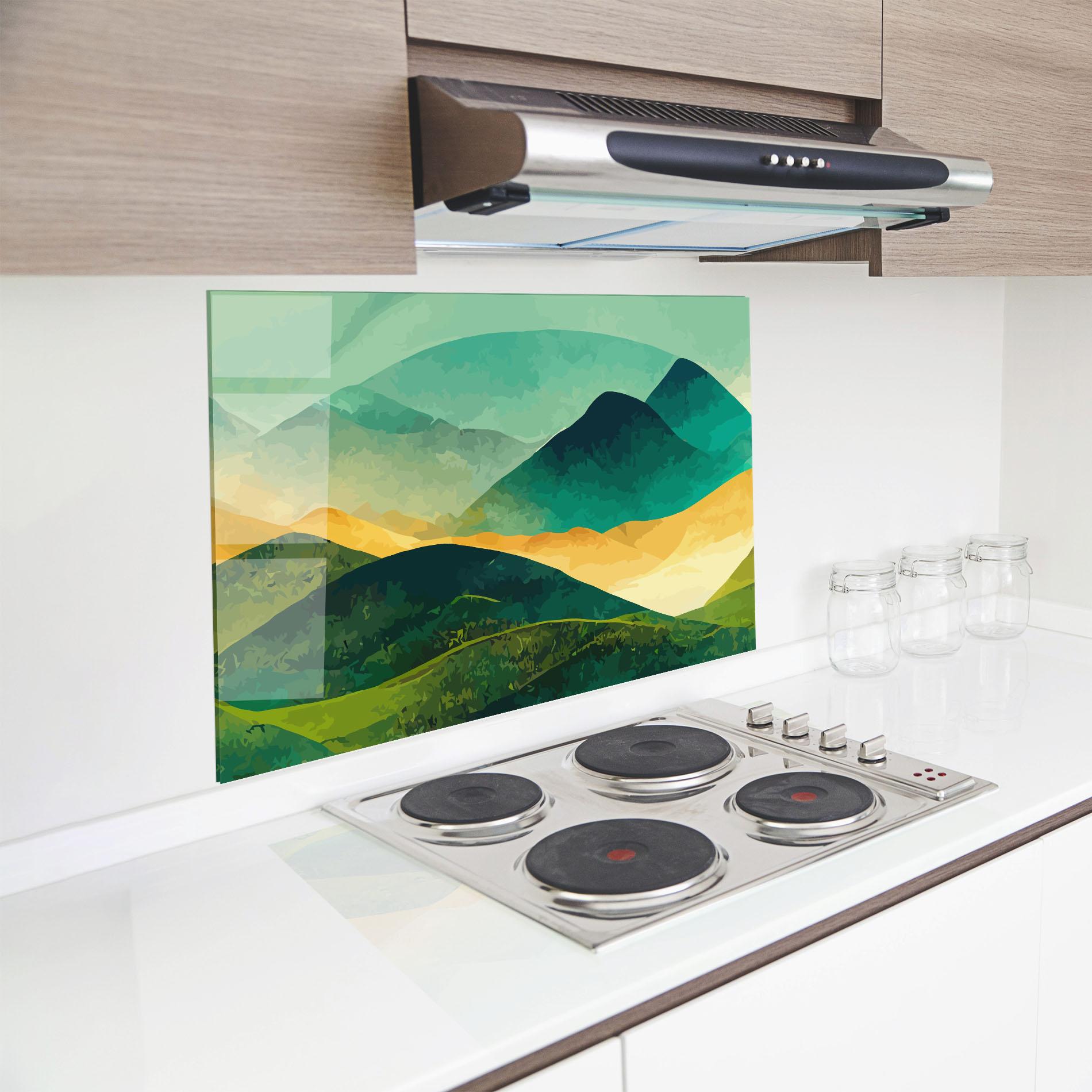 Küchenrückwand Glas Green Art Mountain mockup 8