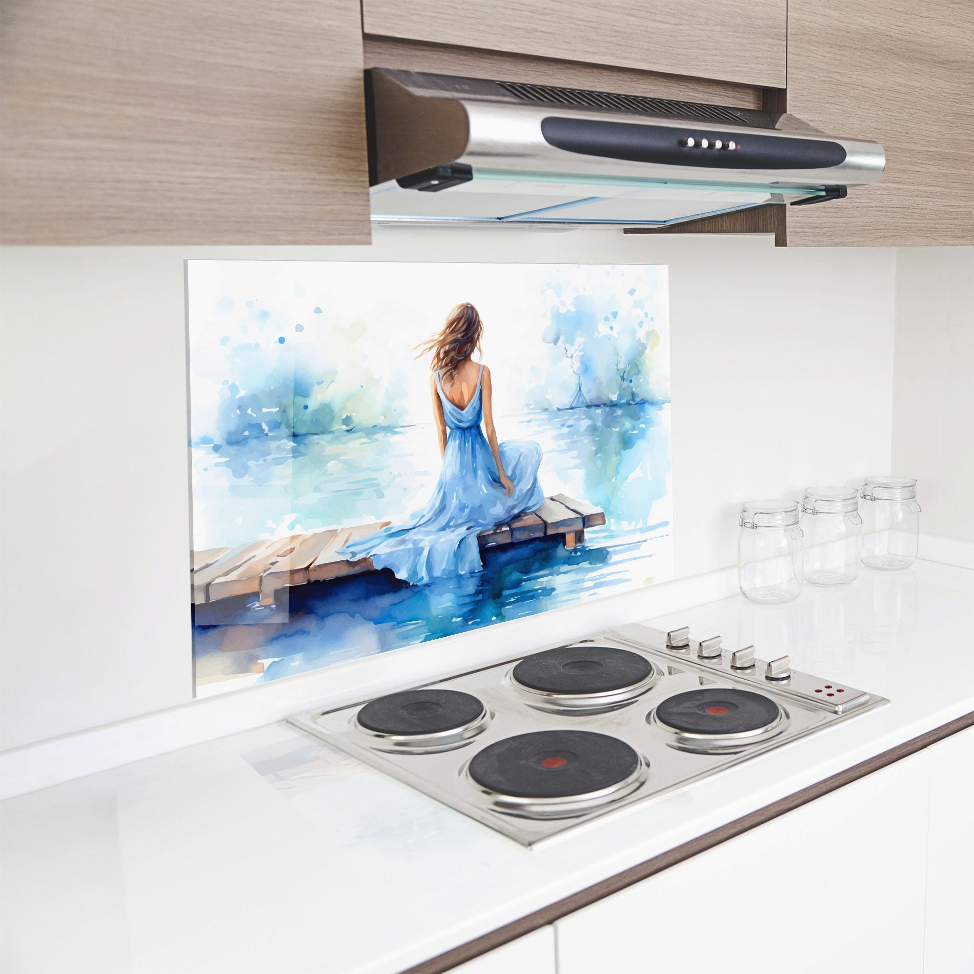 Küchenrückwand Glas Lake Blue Woman mockup 8