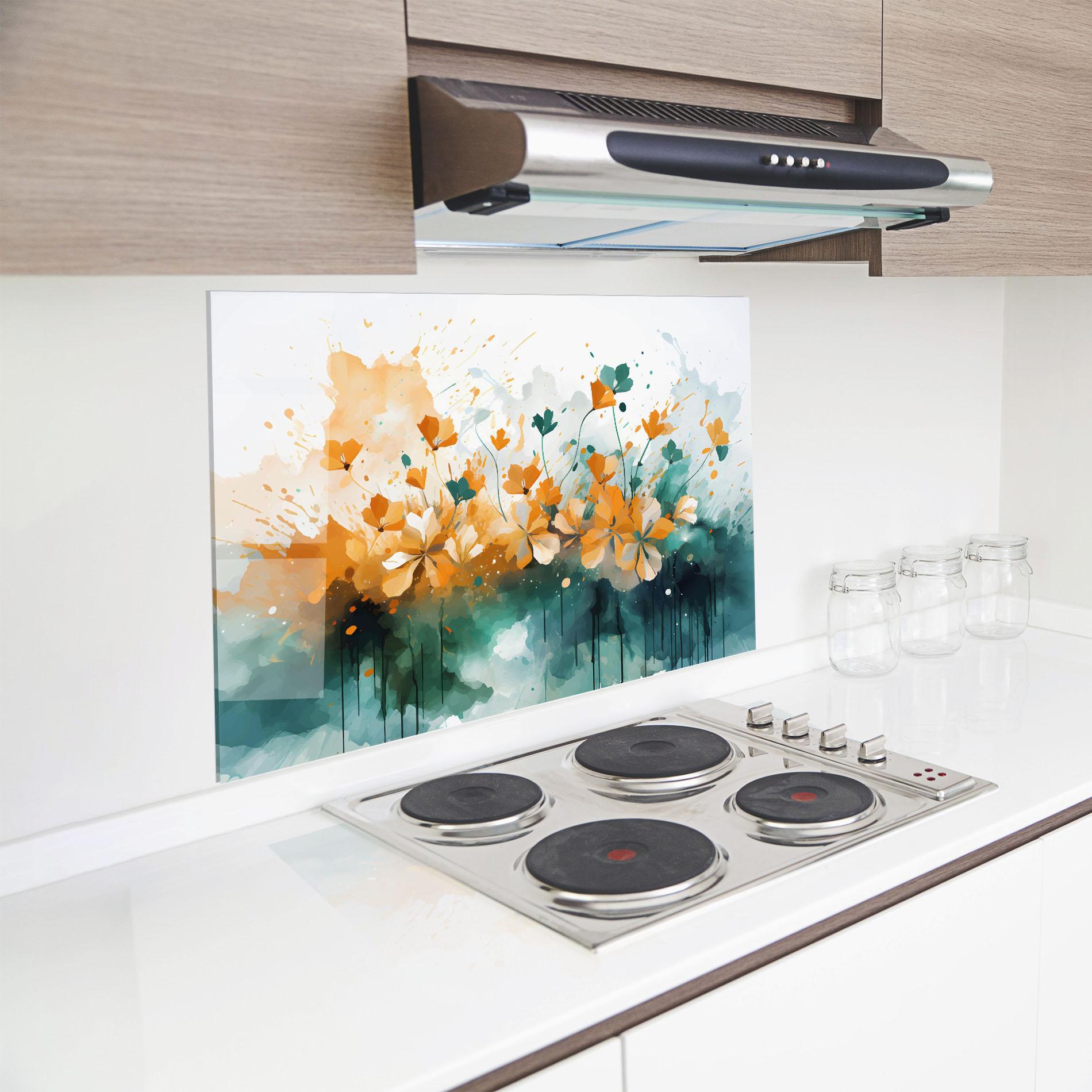 Küchenrückwand Glas Orange Green Flowers mockup 8