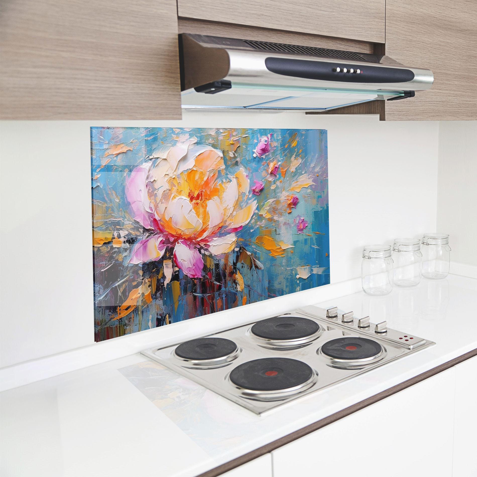 Küchenrückwand Glas Pink Orange Peony Art mockup 8