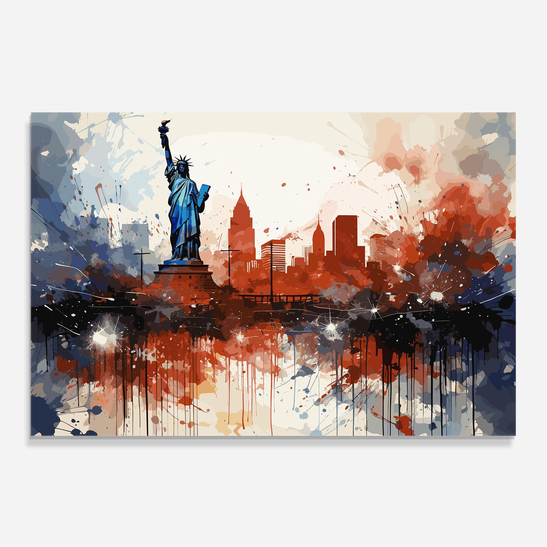 Küchenrückwand Glas Red Blue Liberty Statue mockup 0