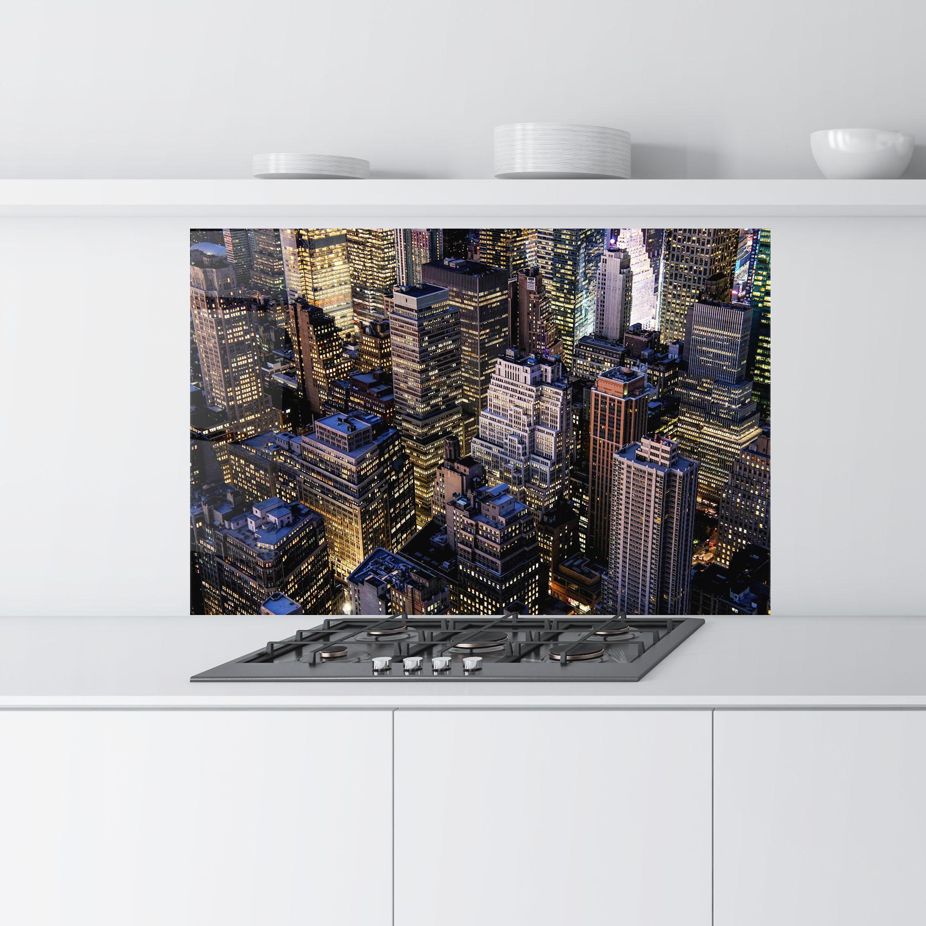 Küchenrückwand Glas Blue Gold Skylines mockup 9