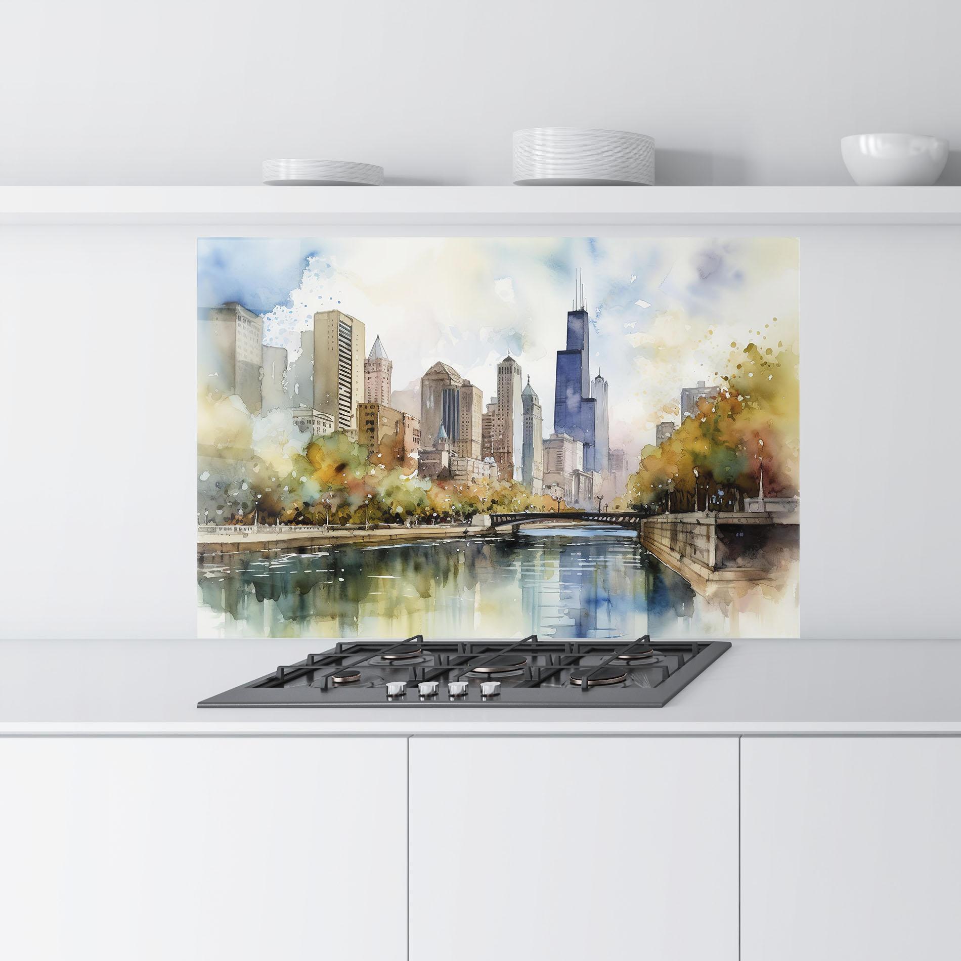 Küchenrückwand Glas City Skyline Painting mockup 9