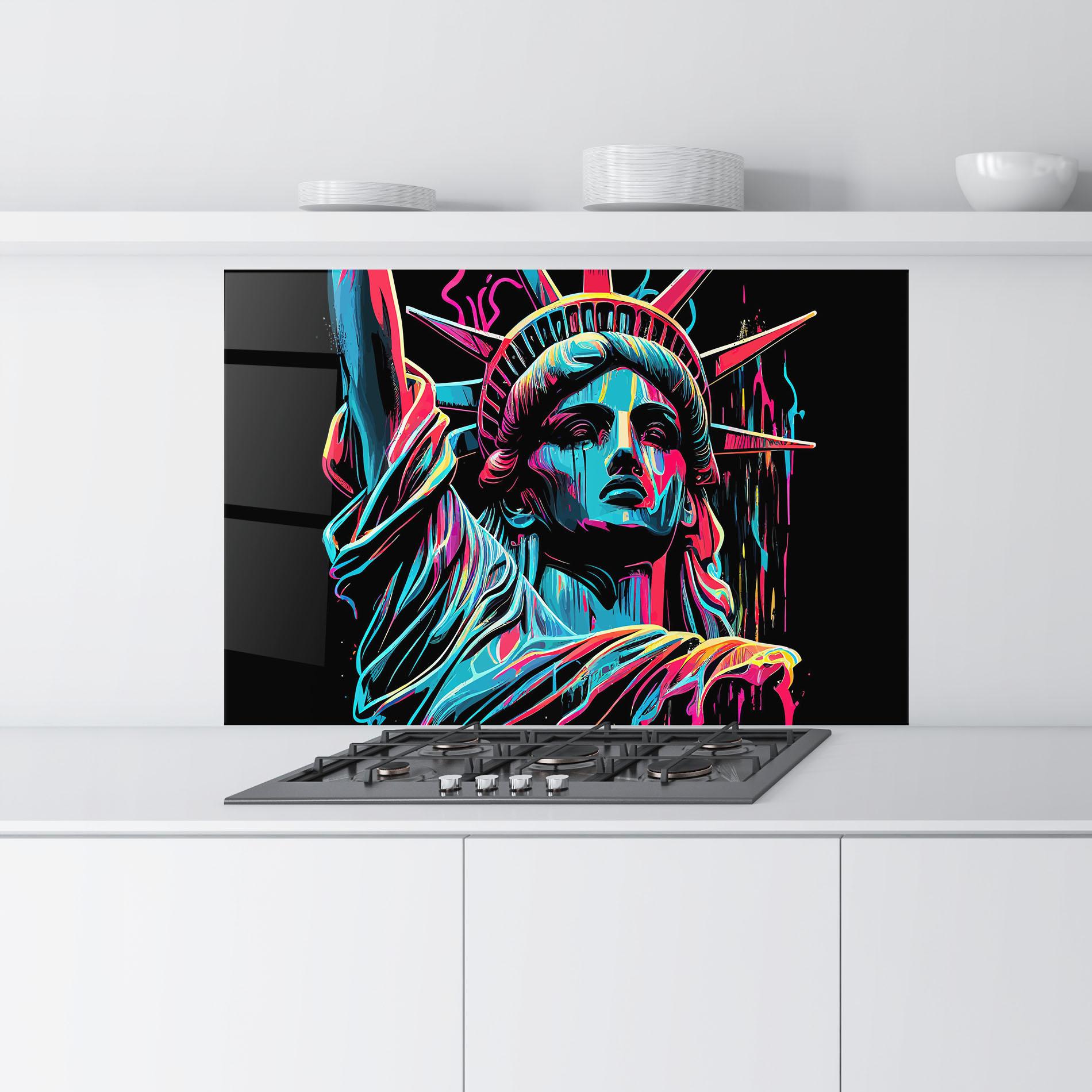 Küchenrückwand Glas Liberty Colorful Statue mockup 9