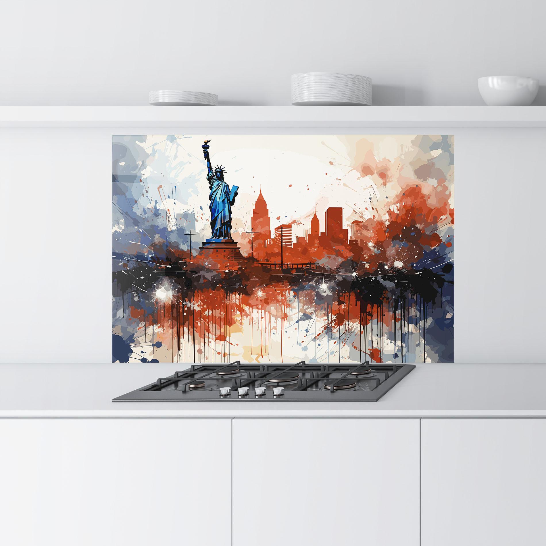 Küchenrückwand Glas Red Blue Liberty Statue mockup 9