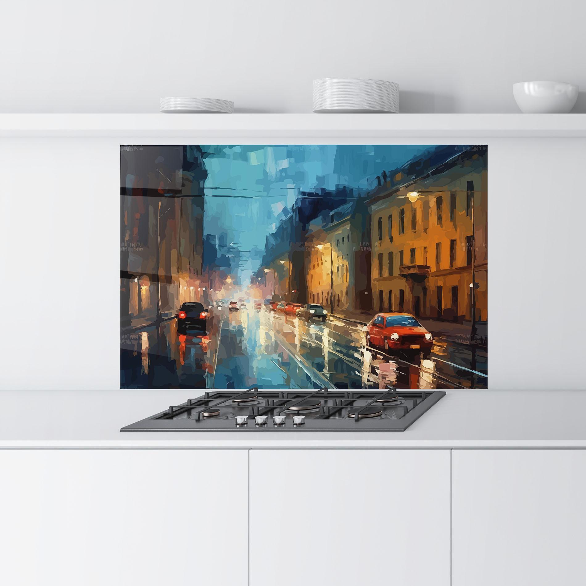 Küchenrückwand Glas Red Car City Night mockup 9