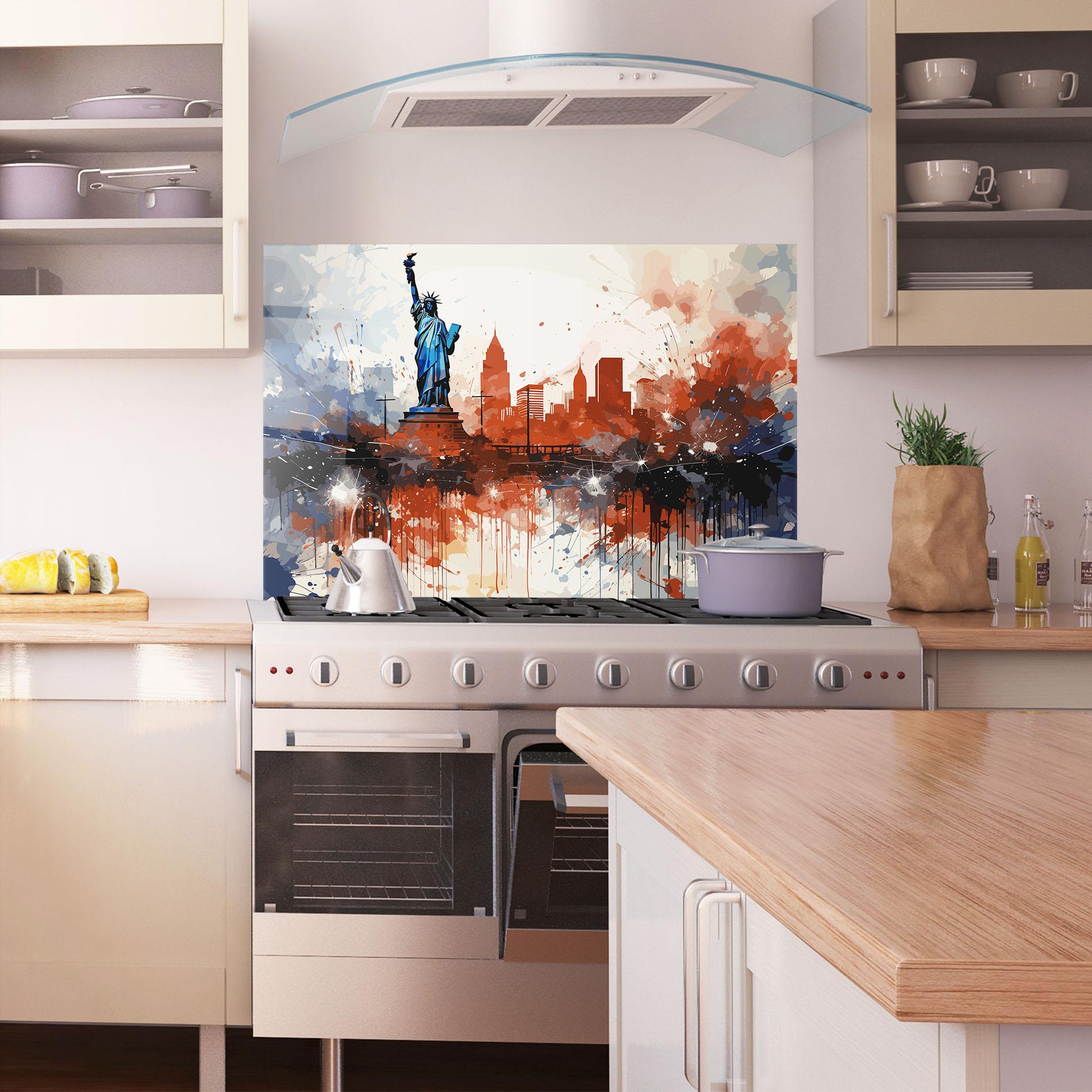 Küchenrückwand Glas Red Blue Liberty Statue mockup 1