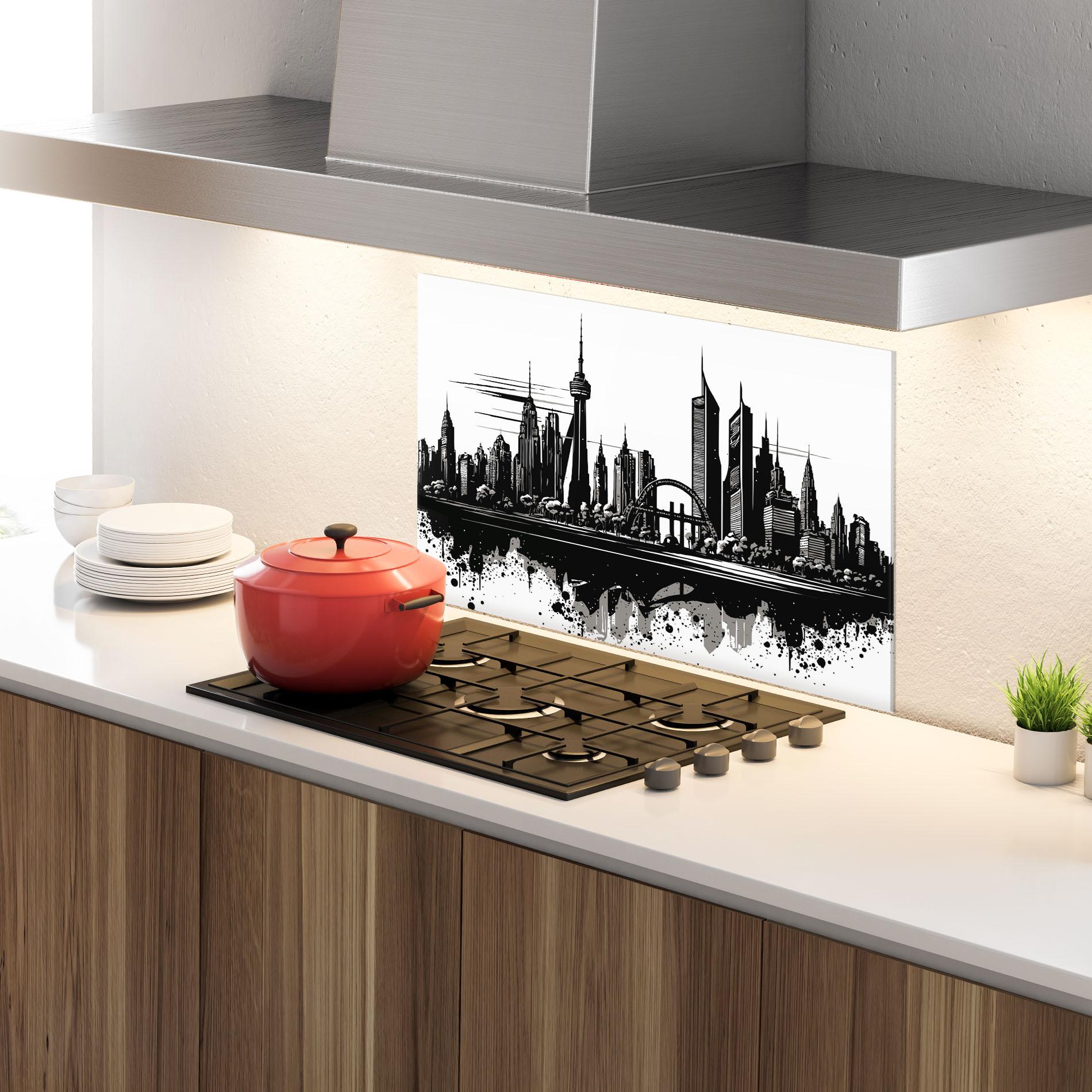 Küchenrückwand Glas Black Ink City mockup 4