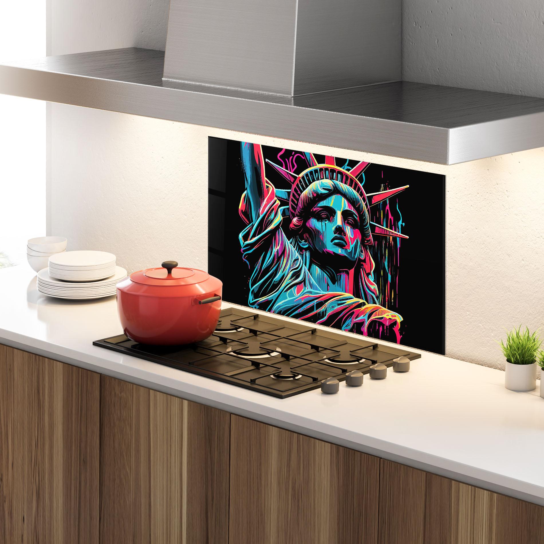 Küchenrückwand Glas Liberty Colorful Statue mockup 4