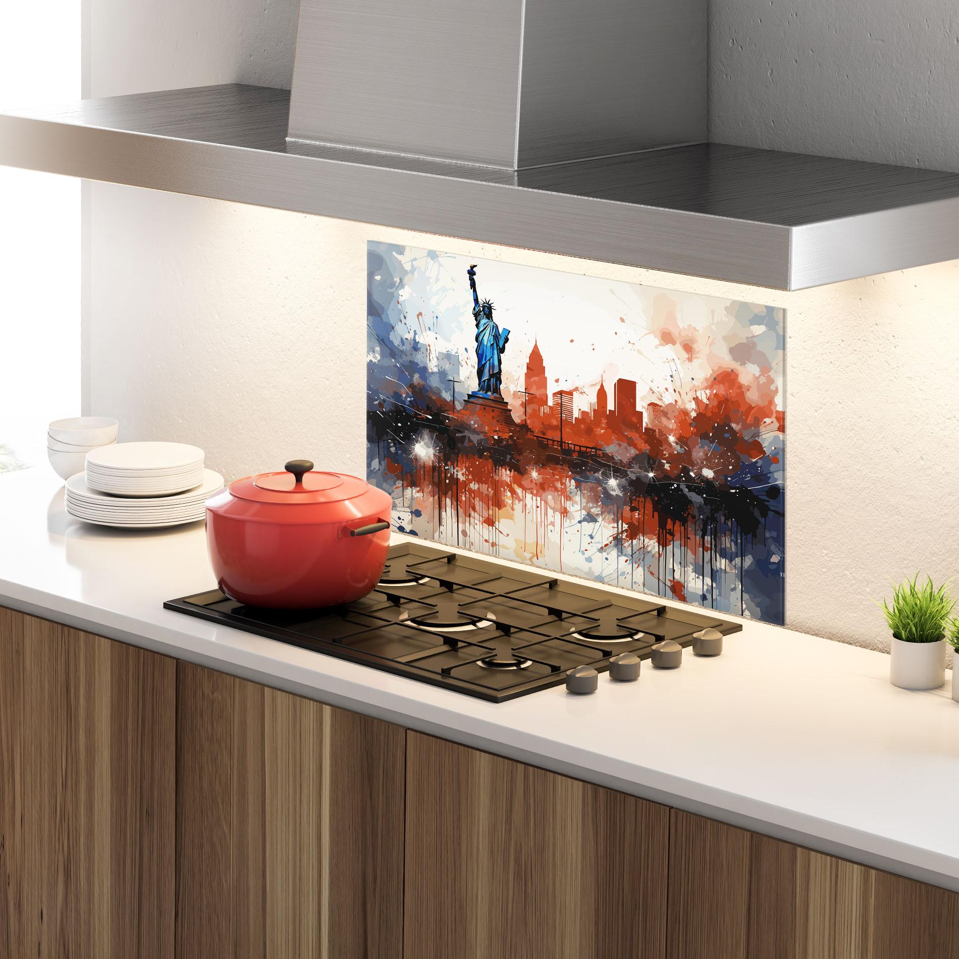 Küchenrückwand Glas Red Blue Liberty Statue mockup 4